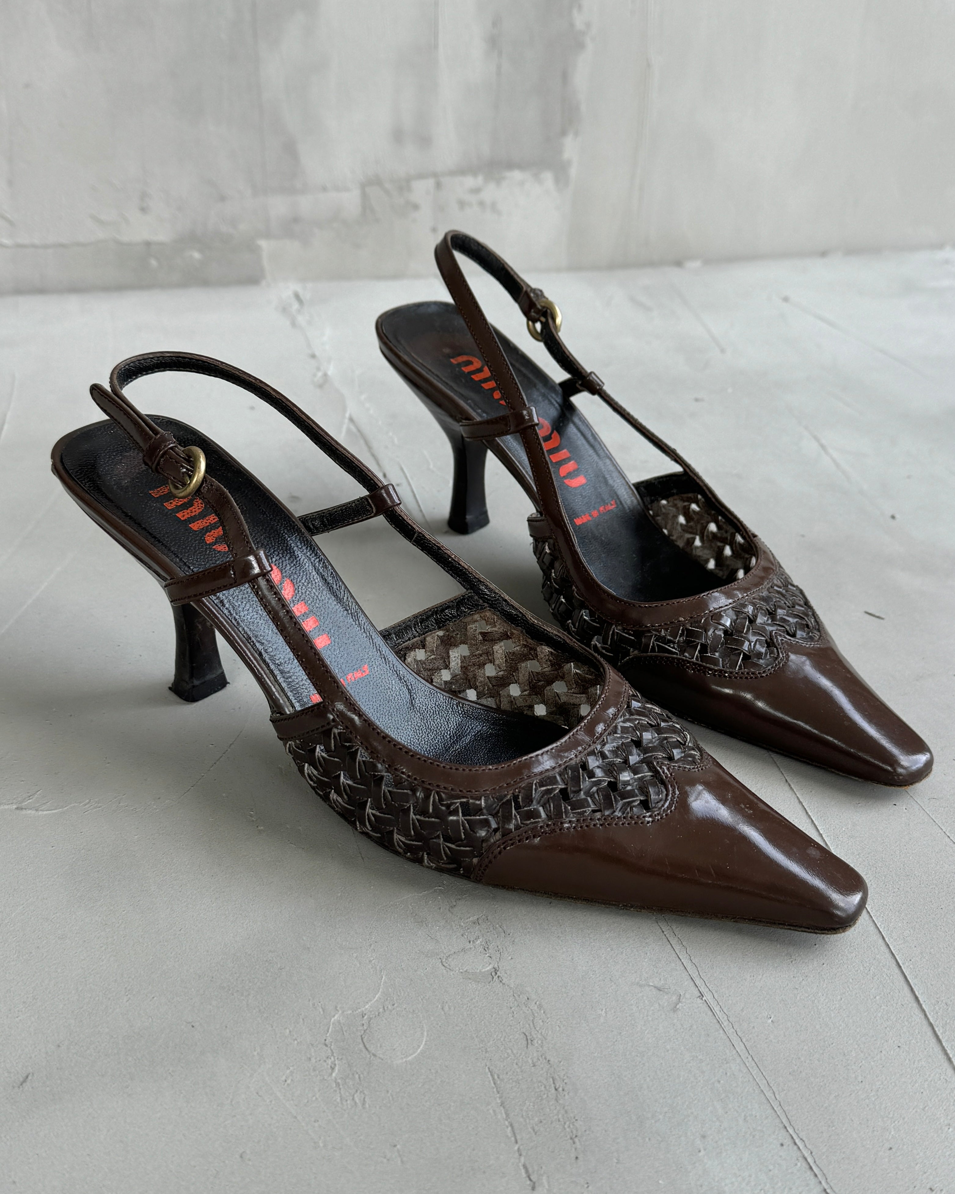 MIU MIU 2000'S WOVEN LEATHER SLING BACK KITTEN HEELS - EU 35.5 / UK 3