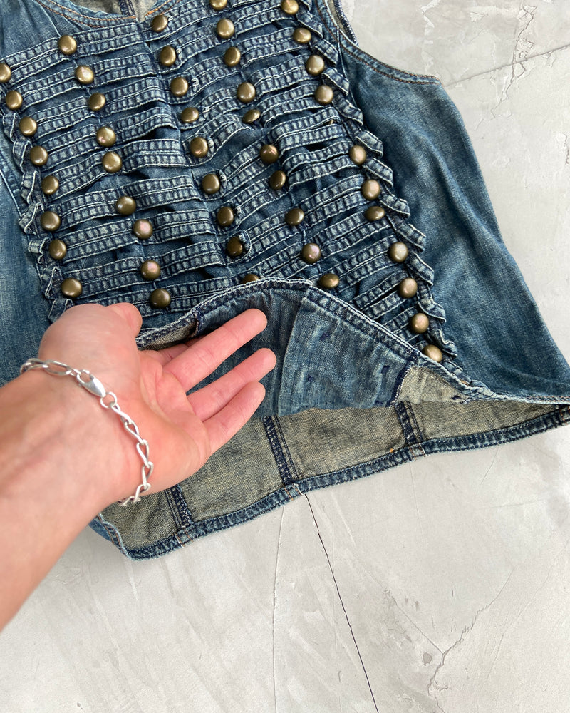 PLEIN SUD 2000'S DENIM STUD WAISTCOAT - M