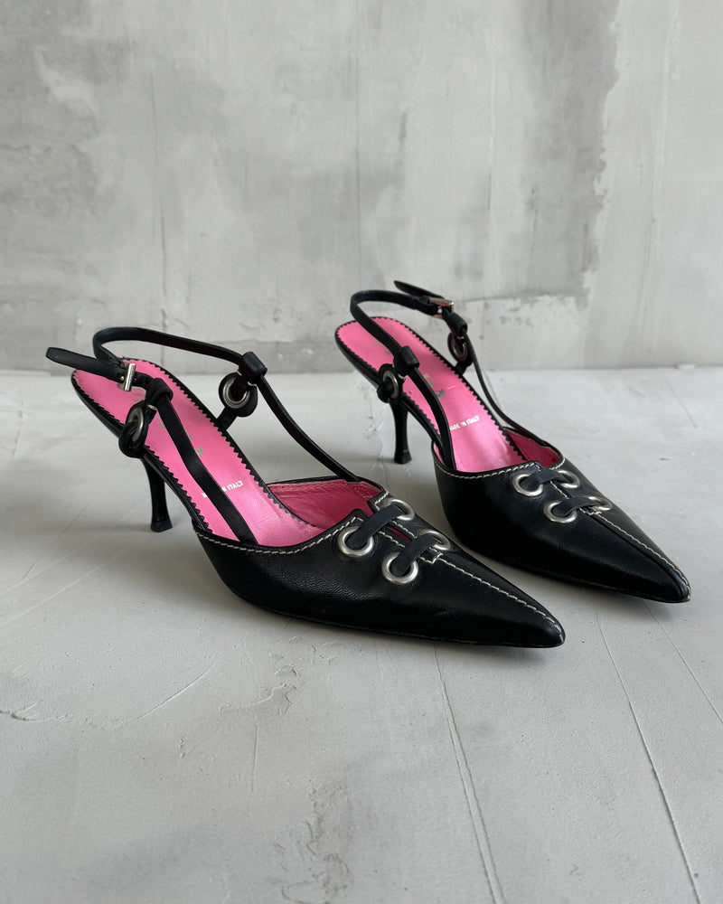 PRADA BLACK LEATHER LACE UP KITTEN HEELS  - EU 35.5 / UK 3