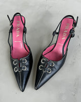 PRADA BLACK LEATHER LACE UP KITTEN HEELS  - EU 35.5 / UK 3