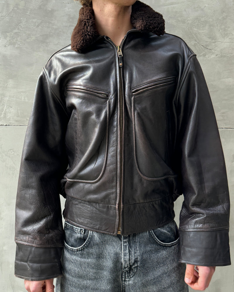 80'S BOMBERS' BROWN LEATHER JACKET WITH DETACHABLE FUR COLLAR - L