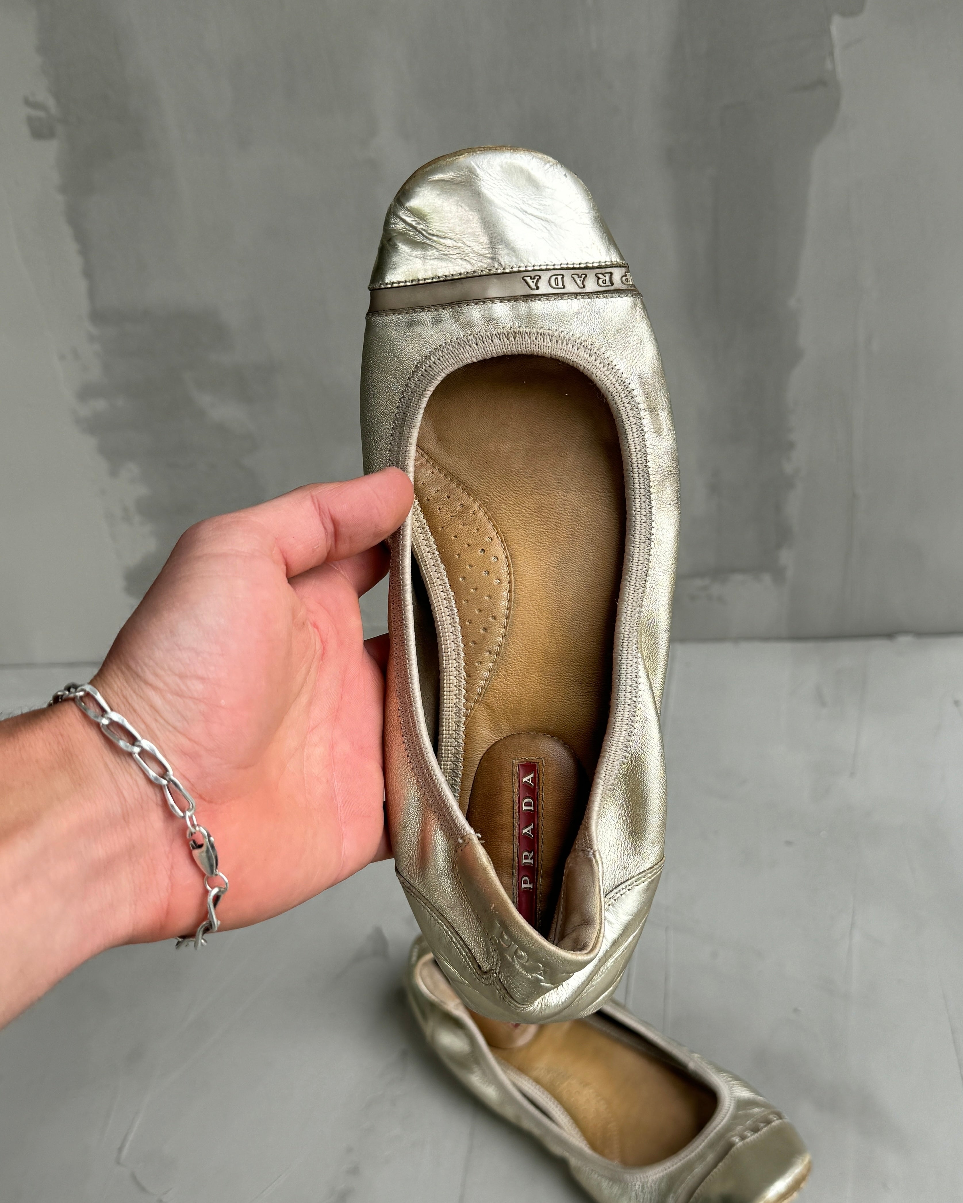 PRADA METALLIC ROSE GOLD BALLET FLATS SHOES - EU 37 / UK 4