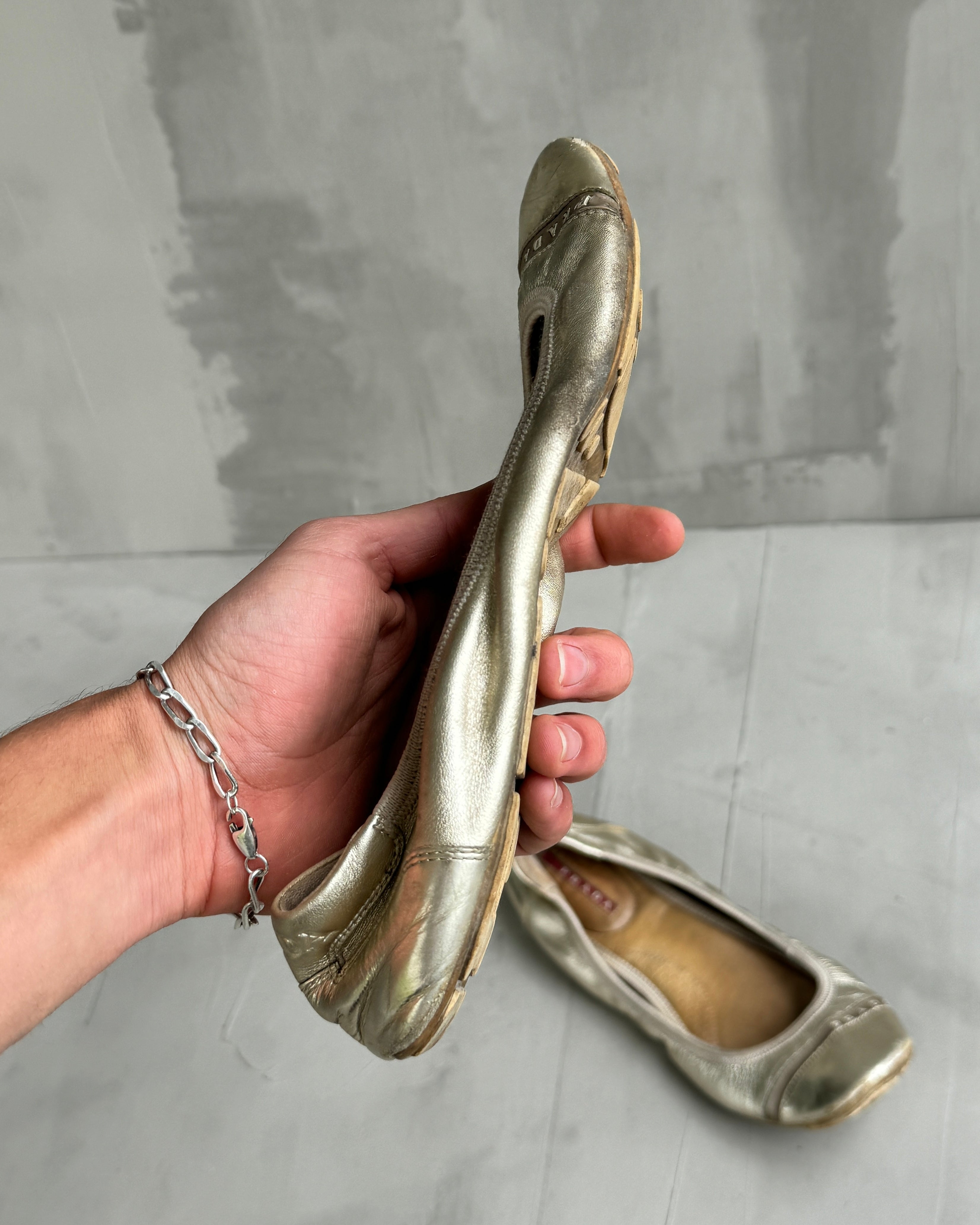 PRADA METALLIC ROSE GOLD BALLET FLATS SHOES - EU 37 / UK 4