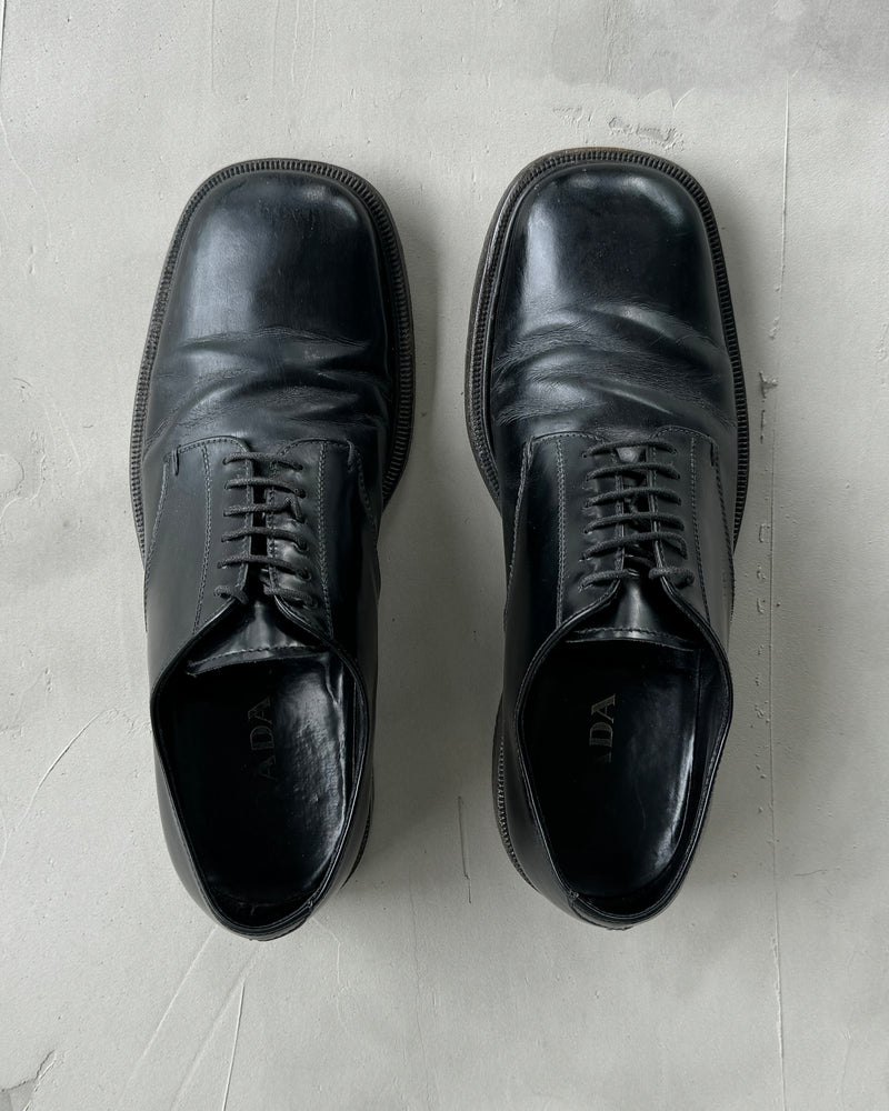 PRADA BLACK LEATHER SQUARE TOE DERBY SHOES - UK 8.5