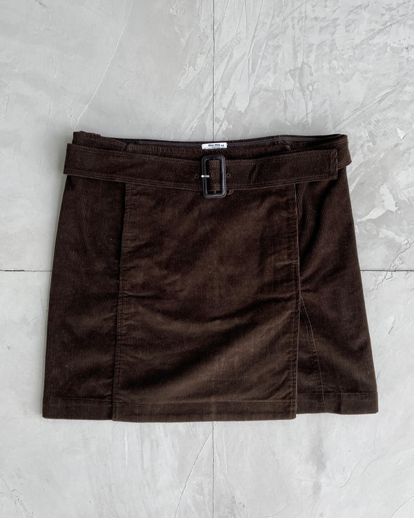 MIU MIU BROWN BELTED CORD SKIRT - M