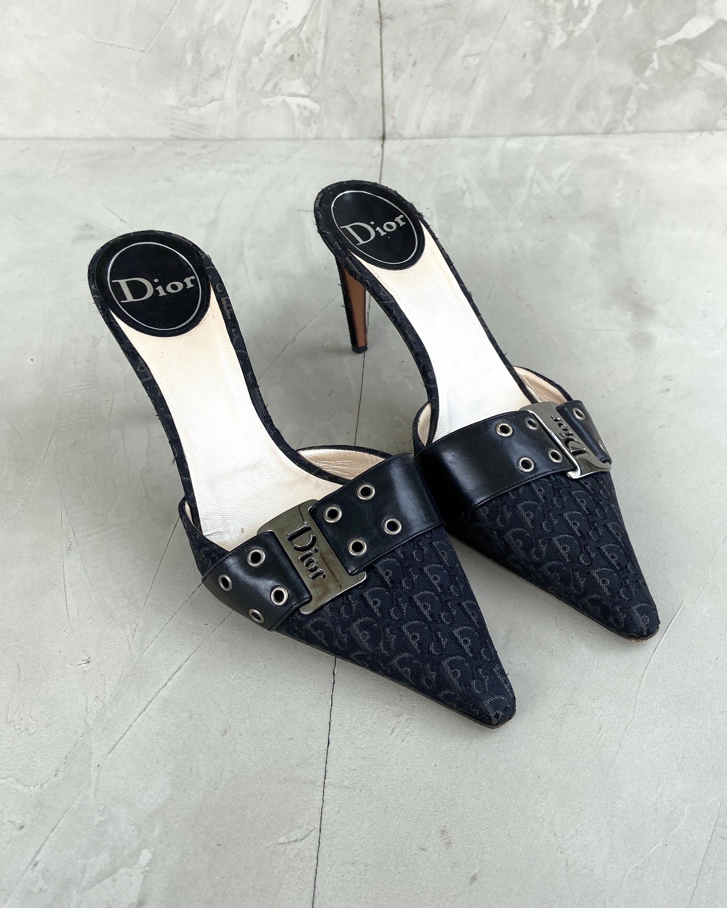 DIOR MONOGRAM BUCKLE MULES HEELS - UK 7