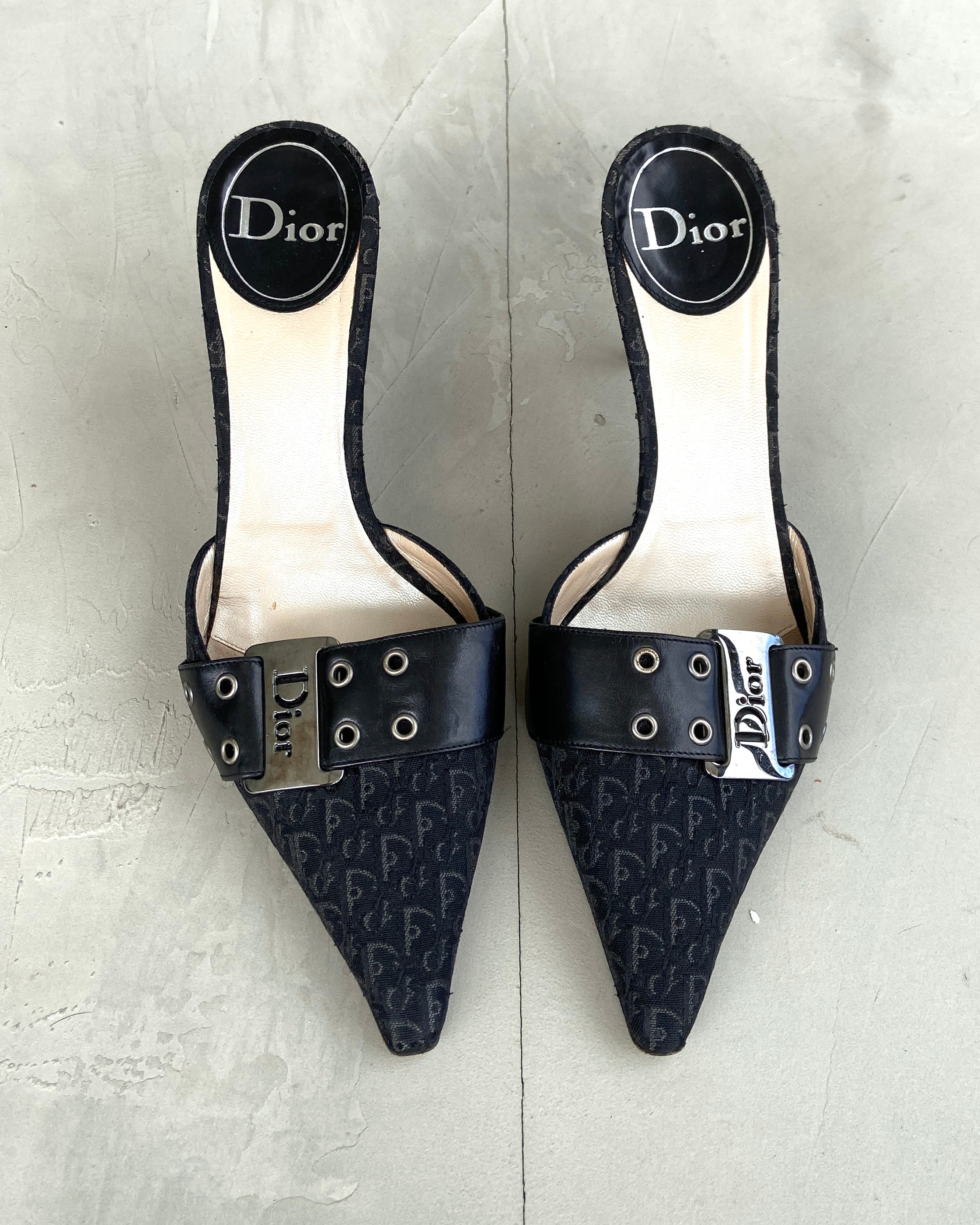 DIOR MONOGRAM BUCKLE MULES HEELS - UK 7