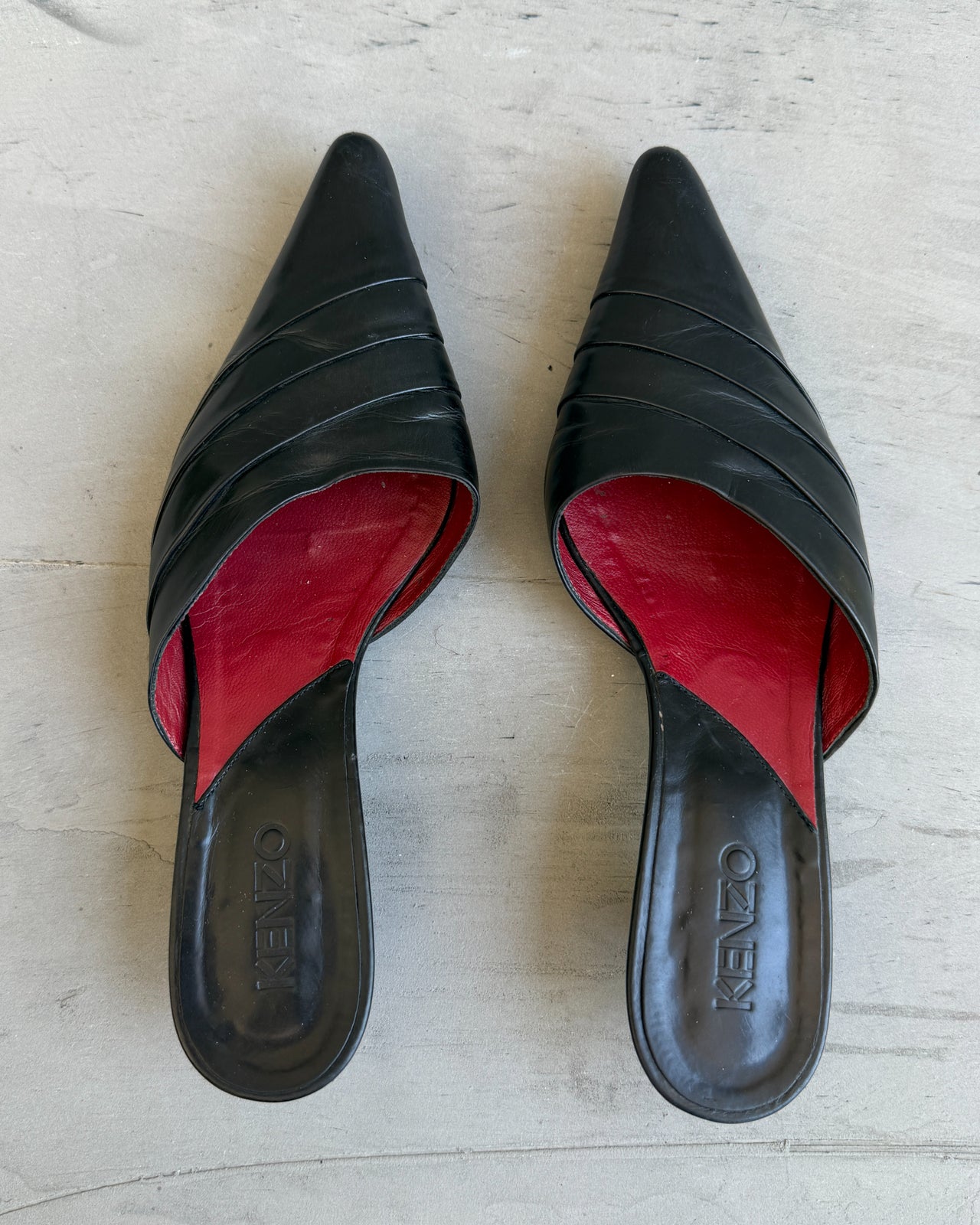 Kenzo Black Leather Kitten Heel Mule – EU 36.5-on a concrete background