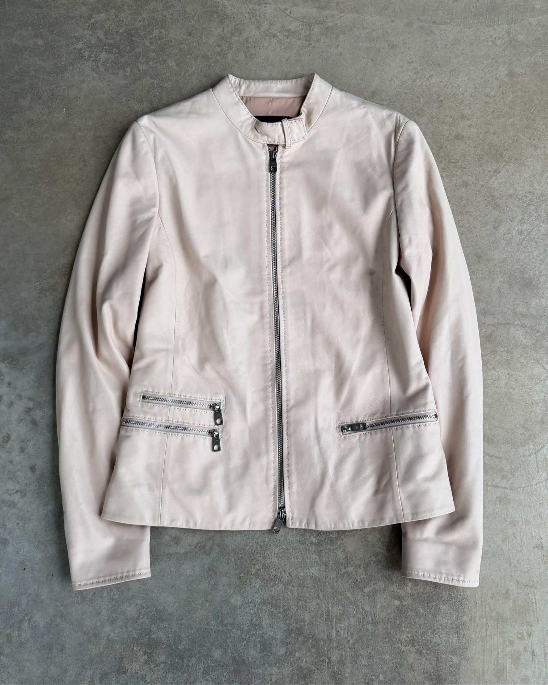Emporio Armani Pink Lamb Leather Jacket – S-on a concrete background