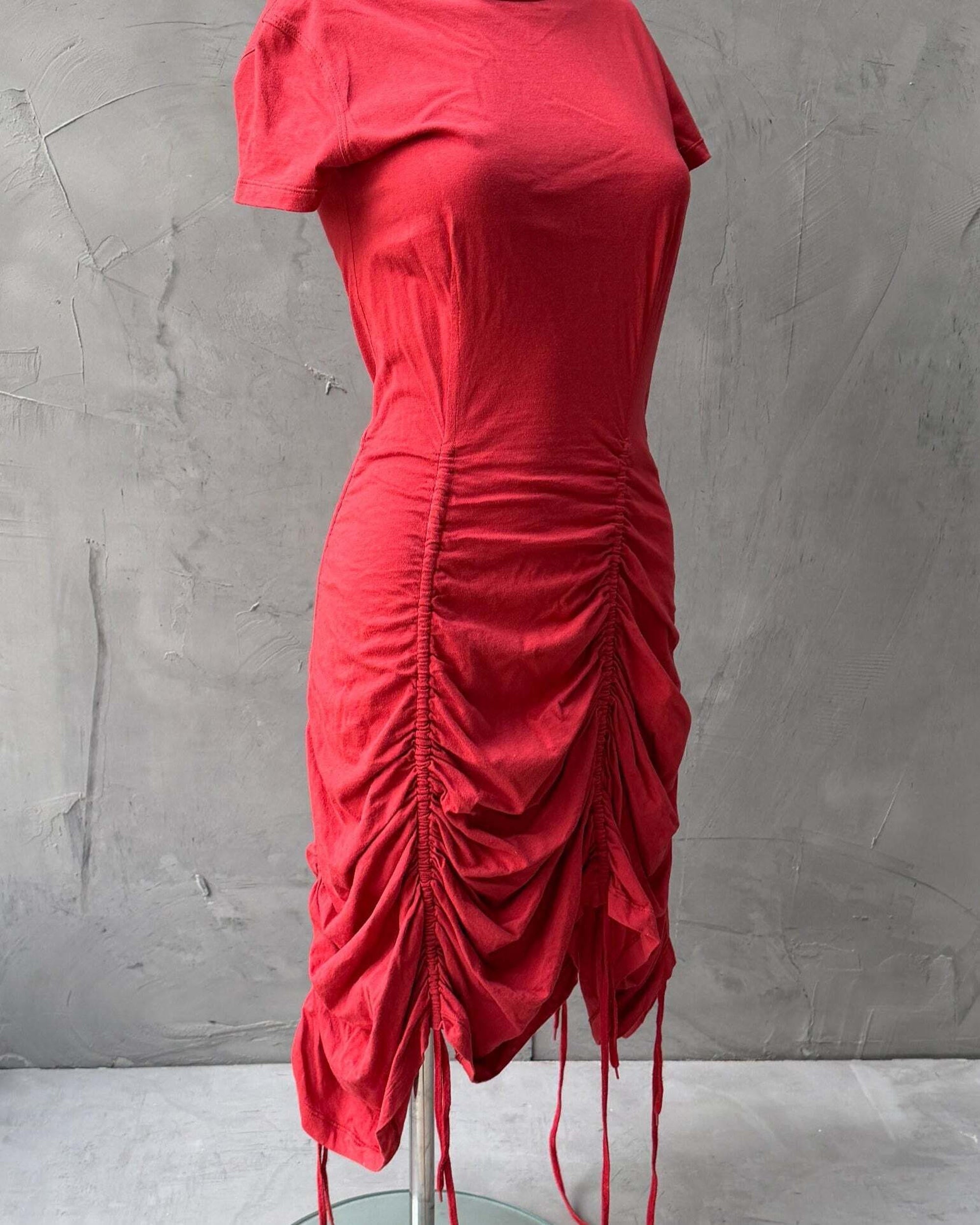 Jean Paul Gaultier Maille Ruched Red Dress – L-on a concrete background