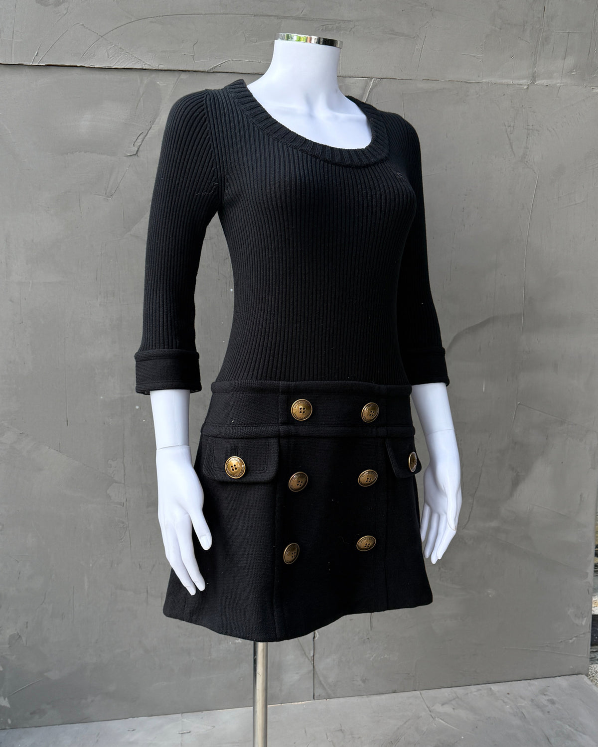Burberry Blue Label Black Wool Mini Dress-on a concrete background