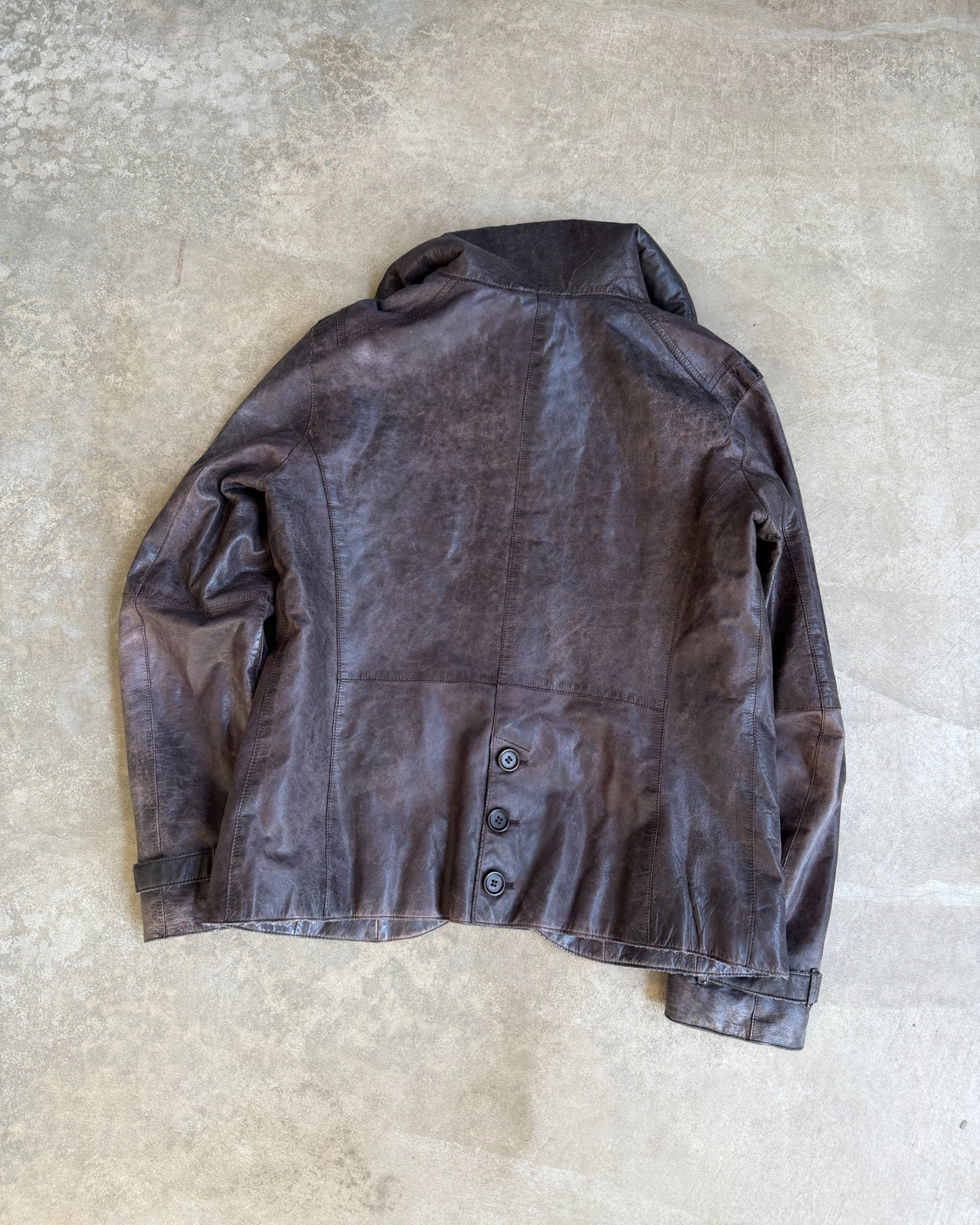 Emporio Armani Brown Funnel Neck Leather Jacket – S/M-on a concrete background