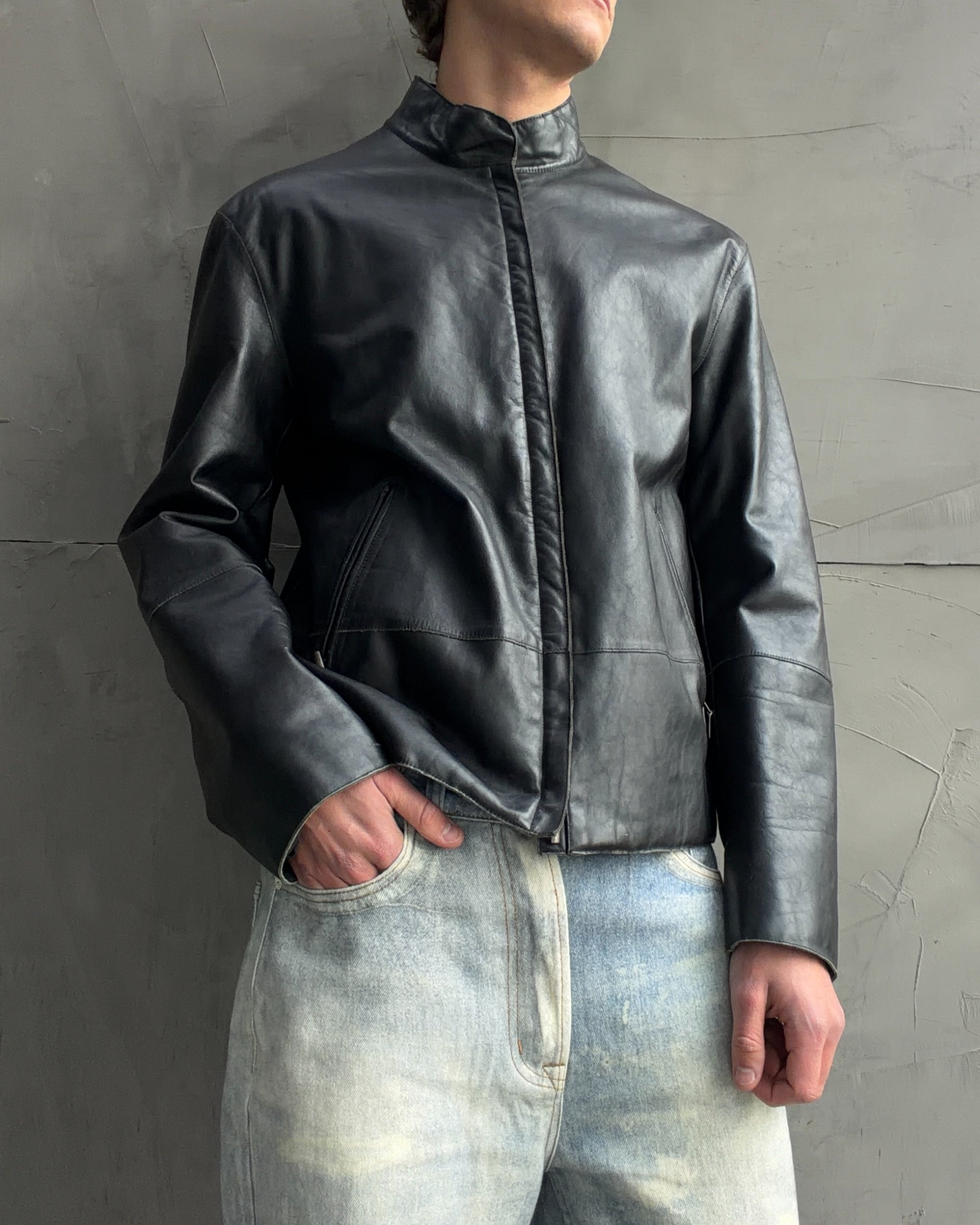 Armani Collezioni Calfskin Leather Jacket – M–L-on a concrete background