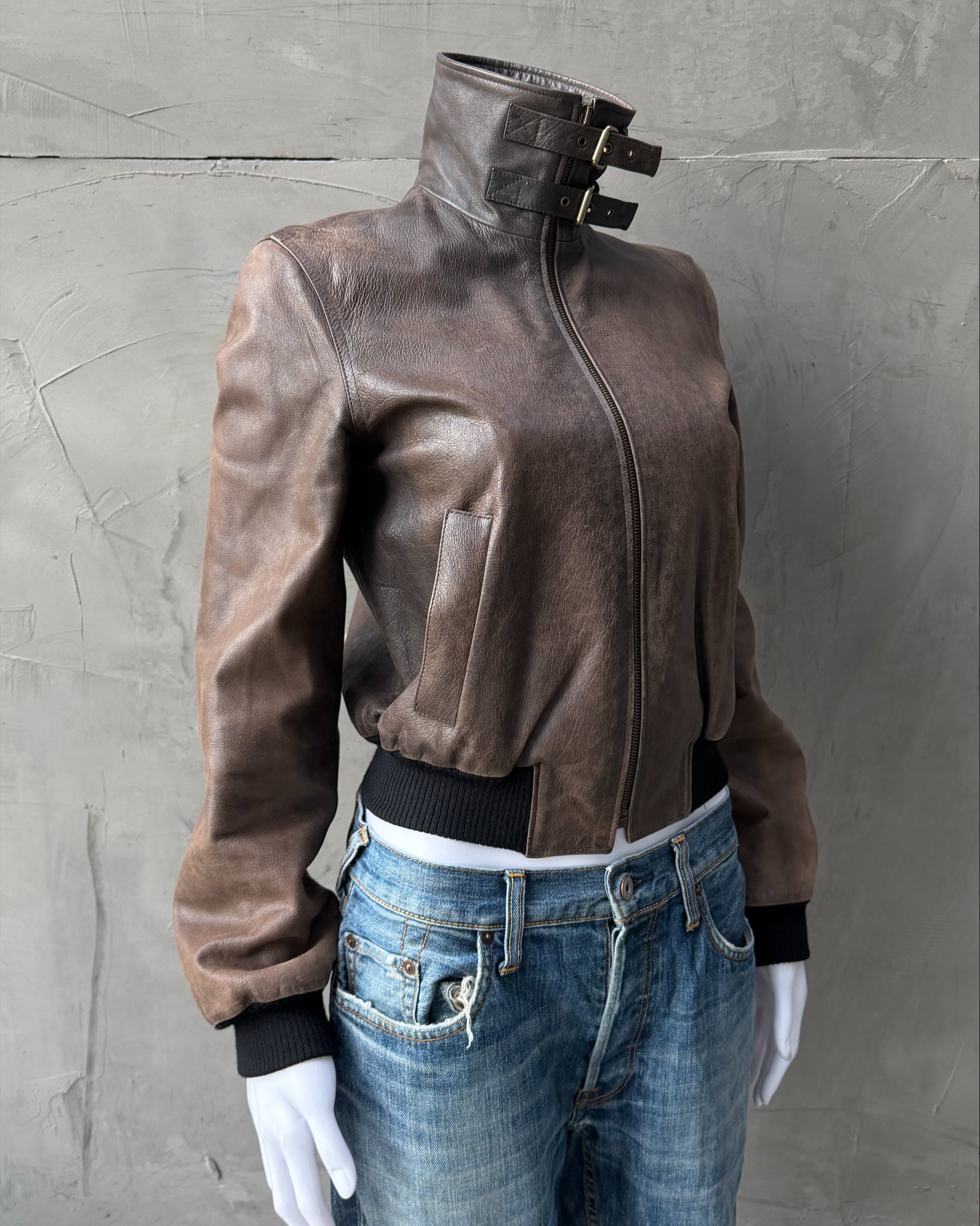 Celine Early 2000s Sheep Leather Bomber Jacket – S-on a concrete background