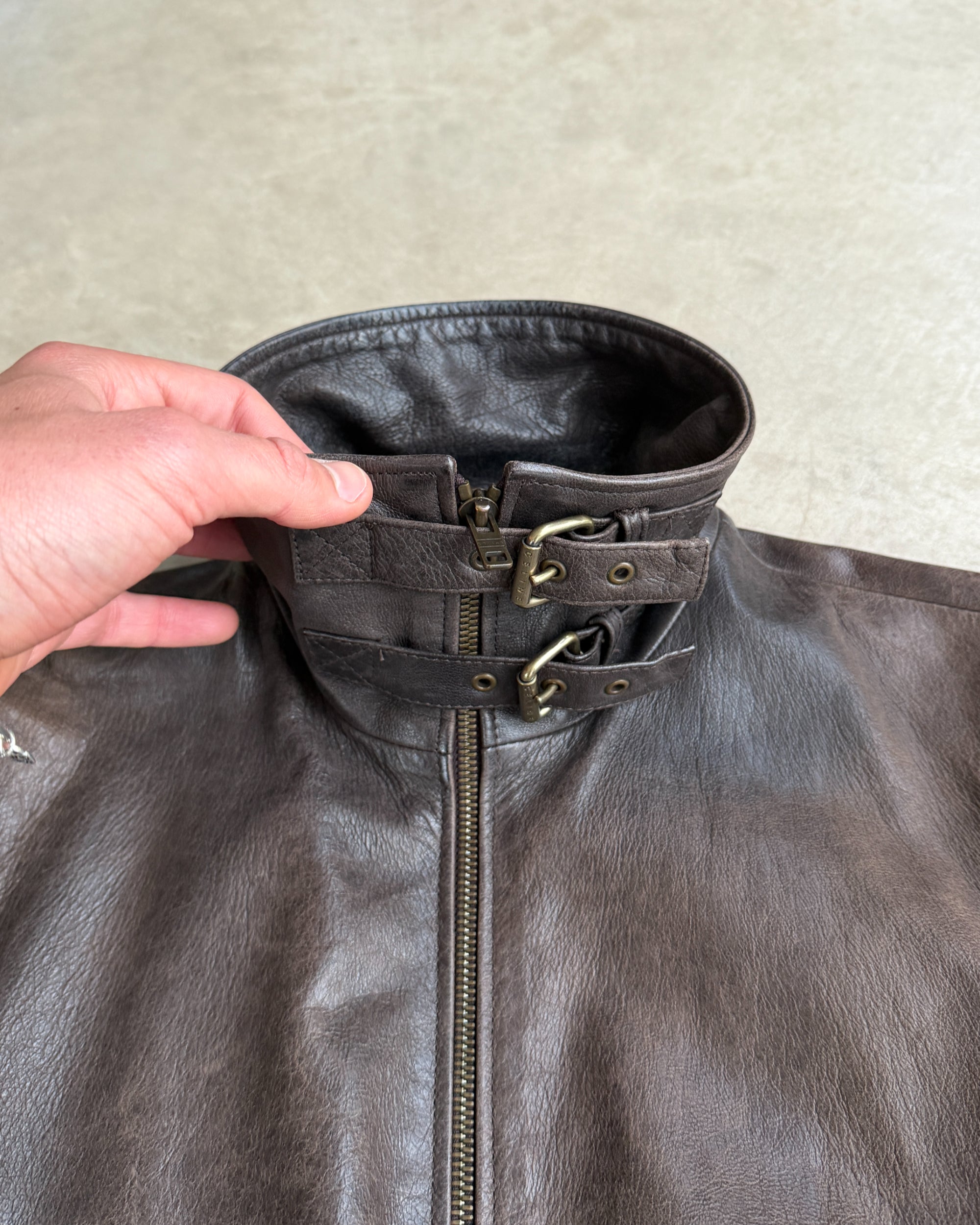 Celine Early 2000s Sheep Leather Bomber Jacket – S-on a concrete background