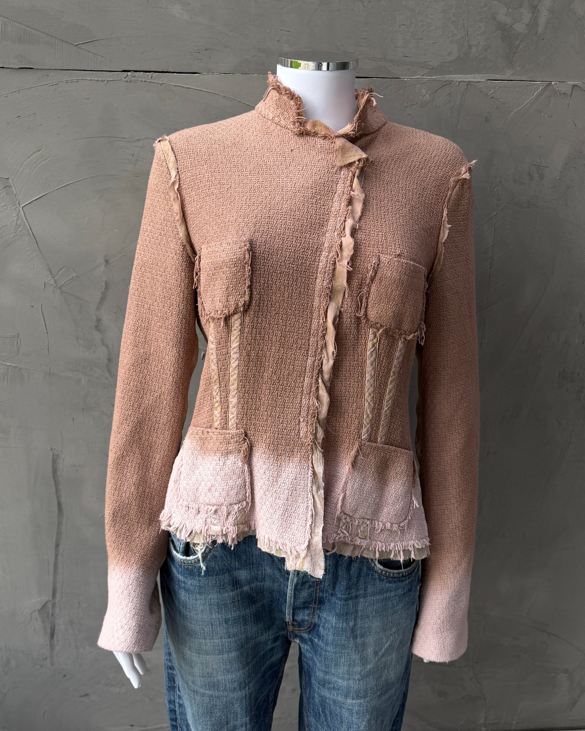 Roberto Cavalli 2004 Cotton and Silk Asymmetric Clasp Jacket – XL-on a concrete background