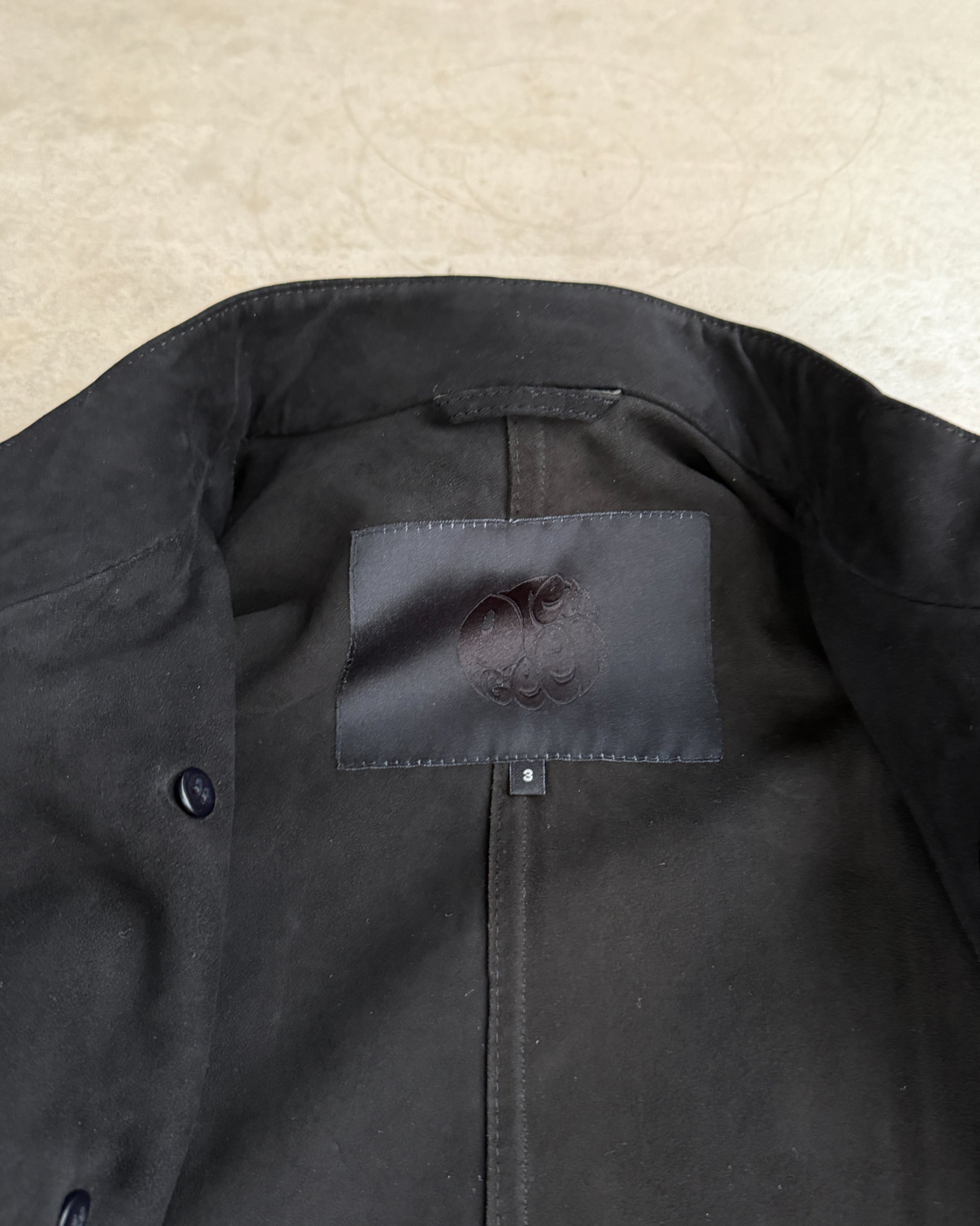 Pretty Green Military Button-Up Suede Jacket – S–M-on a concrete background