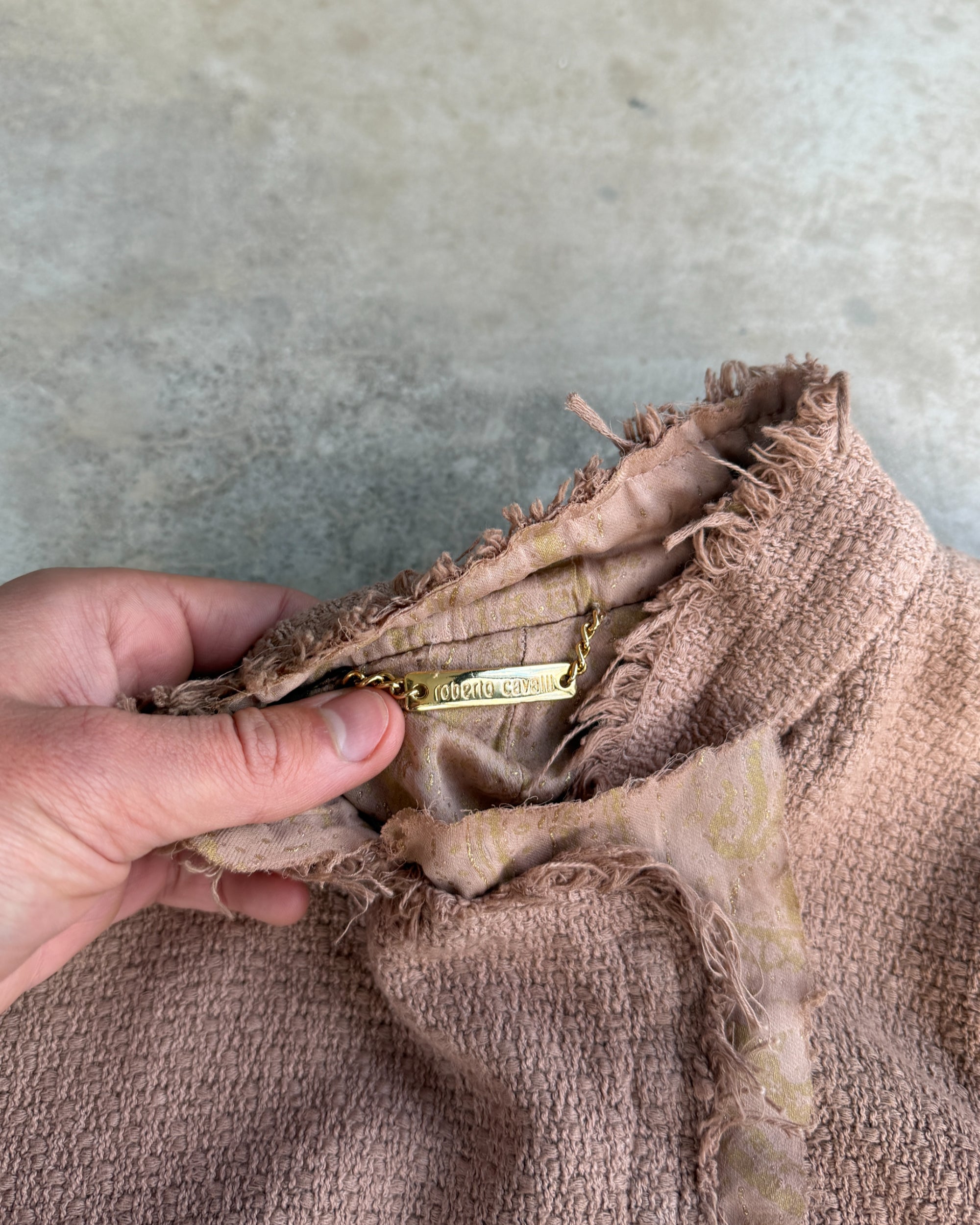 Roberto Cavalli 2004 Cotton and Silk Asymmetric Clasp Jacket – XL-on a concrete background