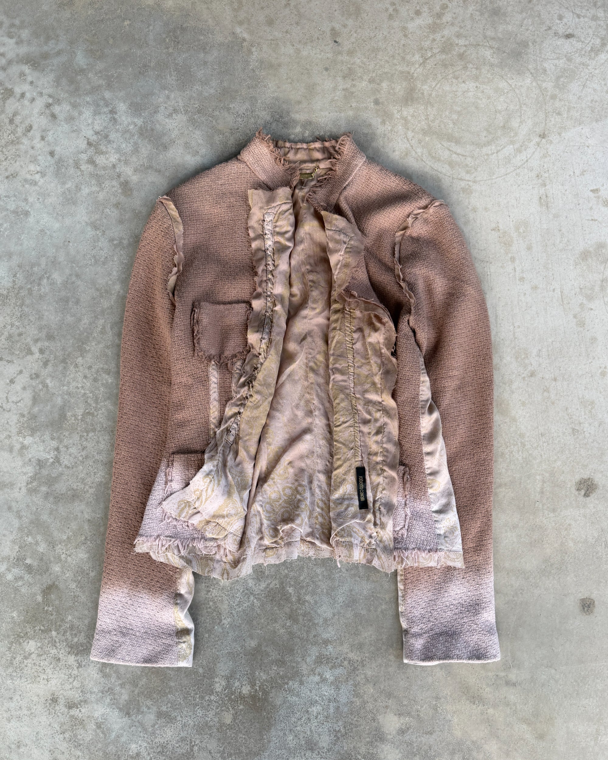 Roberto Cavalli 2004 Cotton and Silk Asymmetric Clasp Jacket – XL-on a concrete background