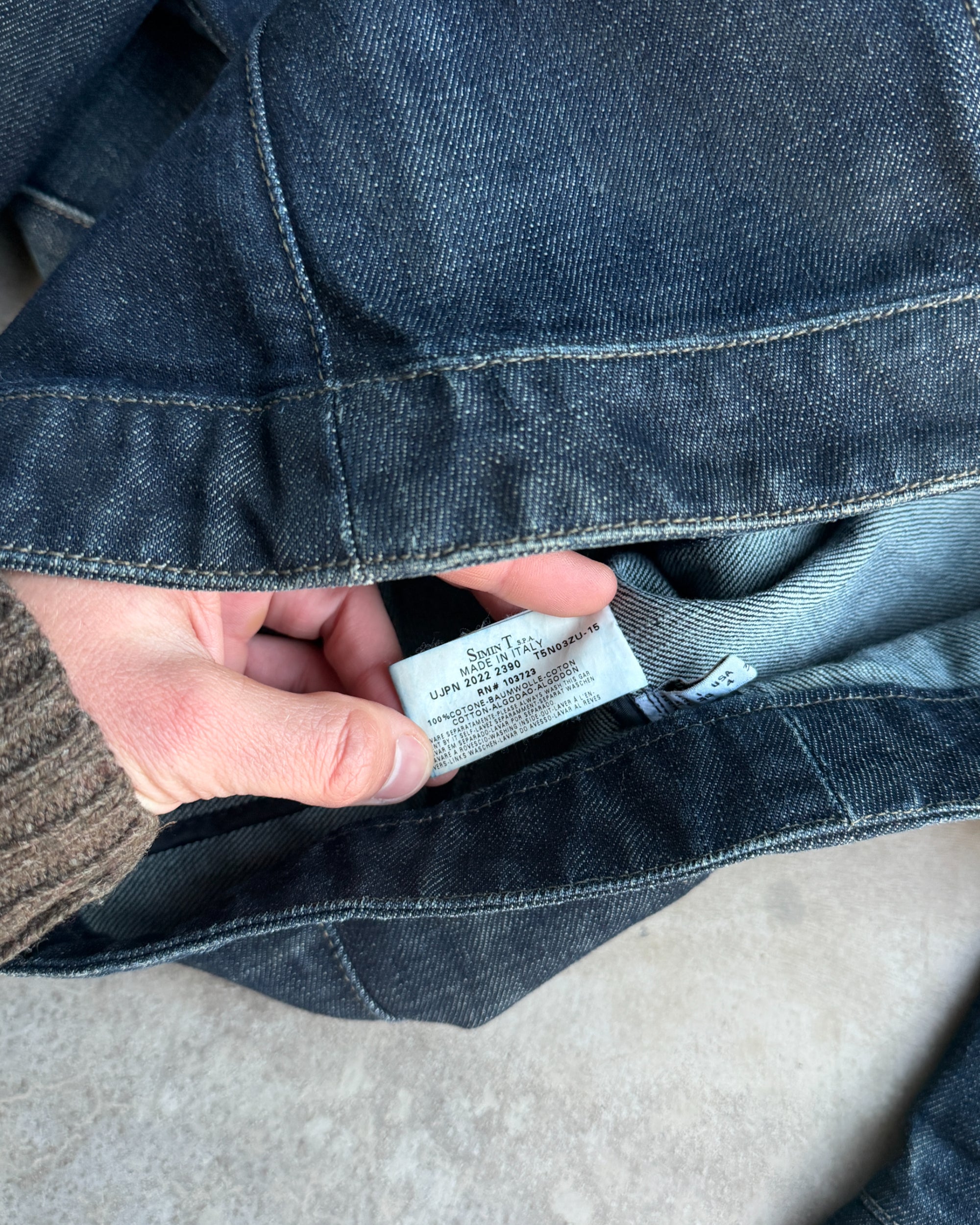 Armani Jeans Denim Military Buckle Jacket – S-on a concrete background