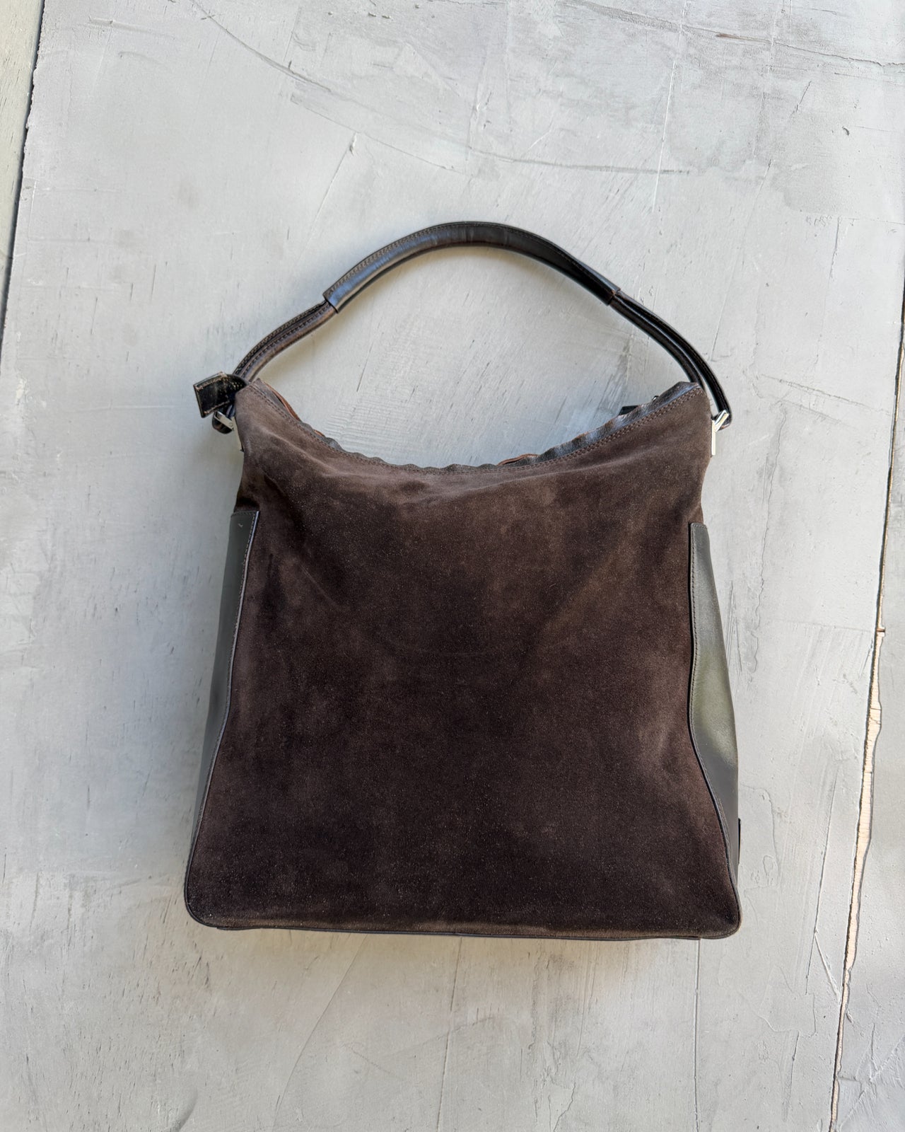 Gucci by Tom Ford Brown Suede and Leather Shoulder Bag-on a concrete background