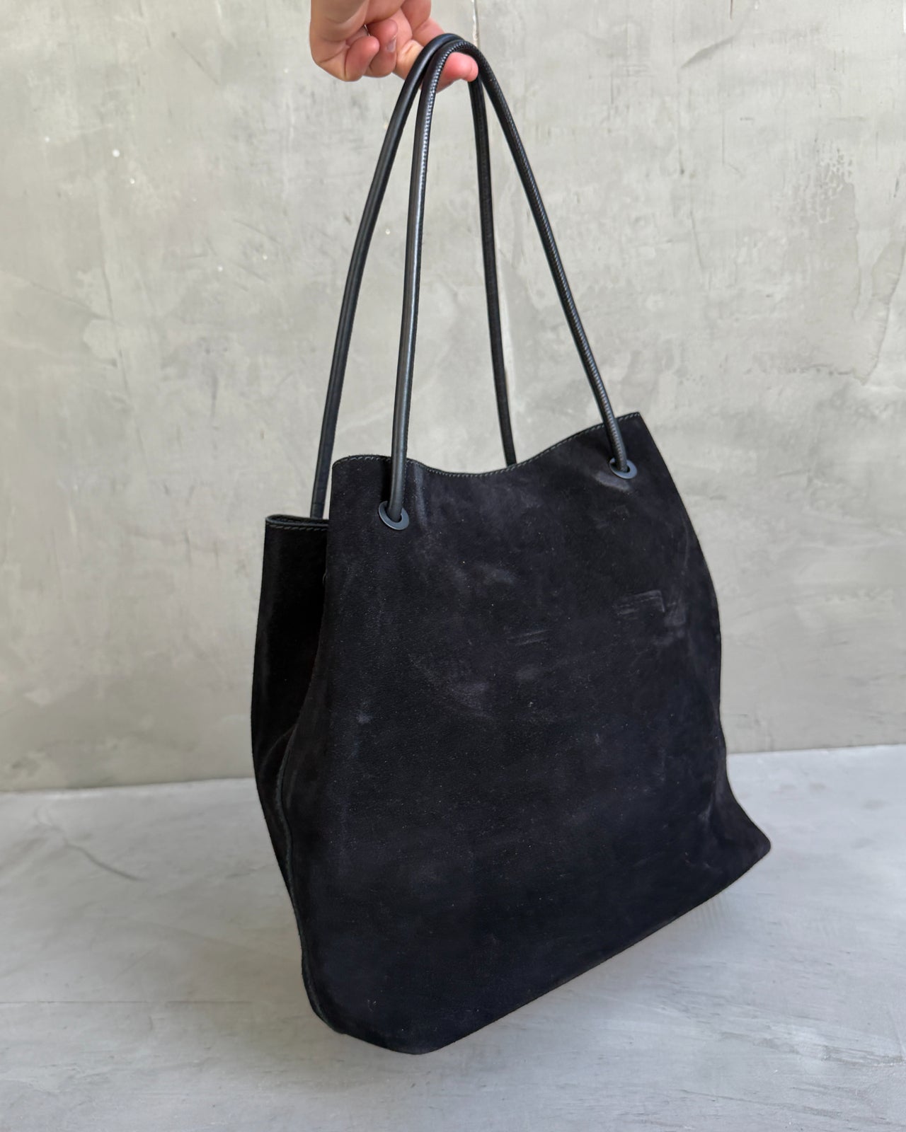 Gucci by Tom Ford Black Suede Leather Shoulder Bag-on a concrete background