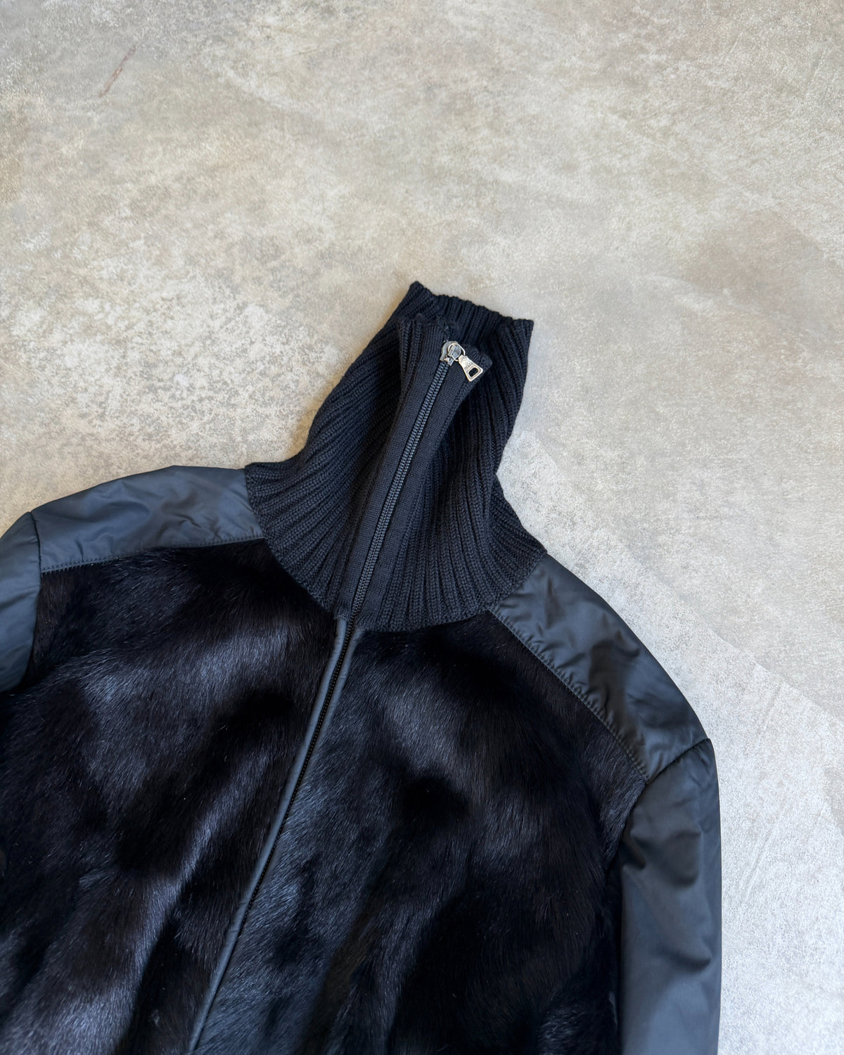 Prada FW1999 Nylon and Fox Fur Jacket – S/M-on a concrete background