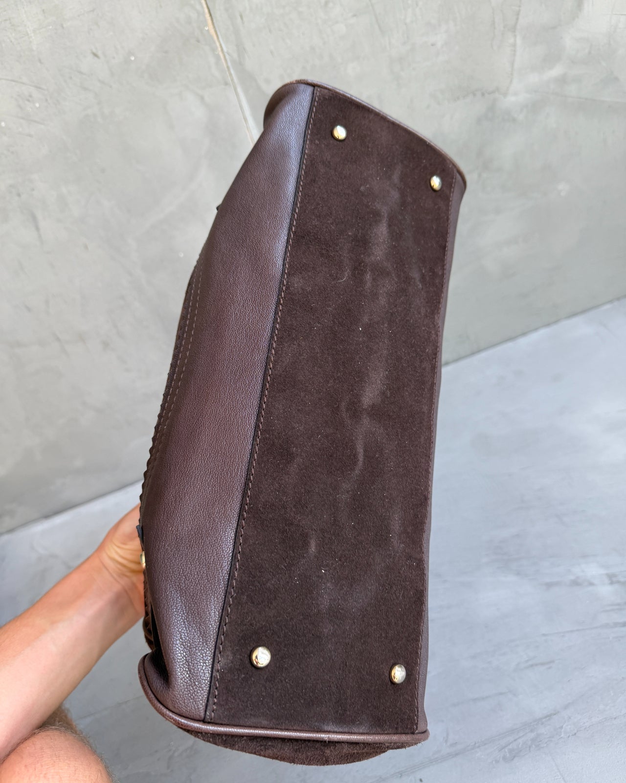Max Mara Brown Leather and Suede Shoulder Bag-on a concrete background