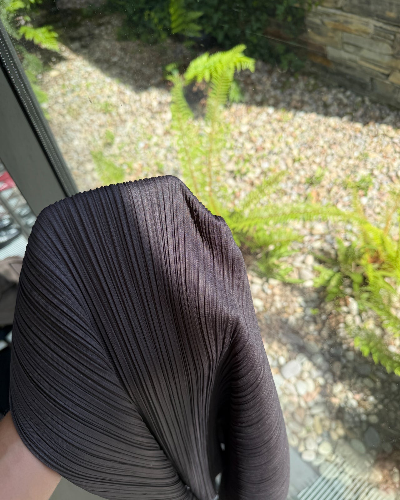 Pleats Please Issey Miyake Grey Purple Maxi Skirt – S-on a concrete background