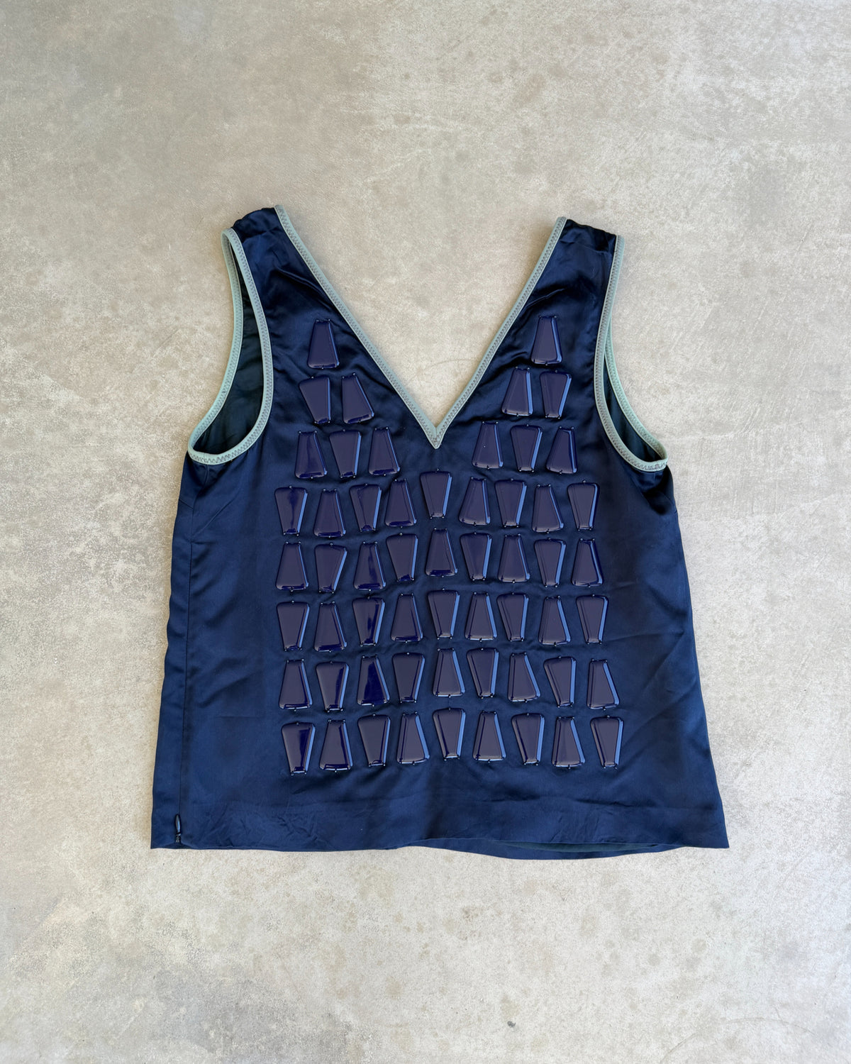 Prada Blue Silk Beaded Vest – S-on a concrete background