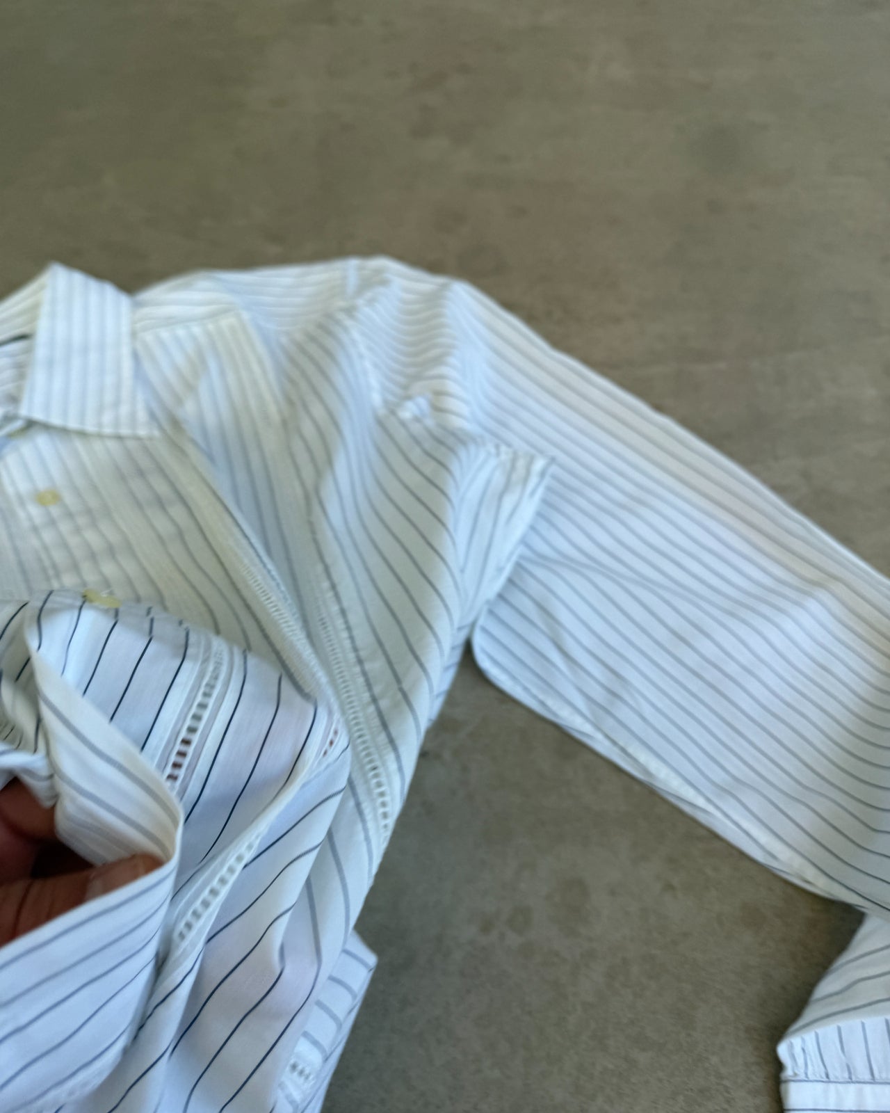 Dolce & Gabbana White Blue Striped Cotton Shirt – M-on a concrete background