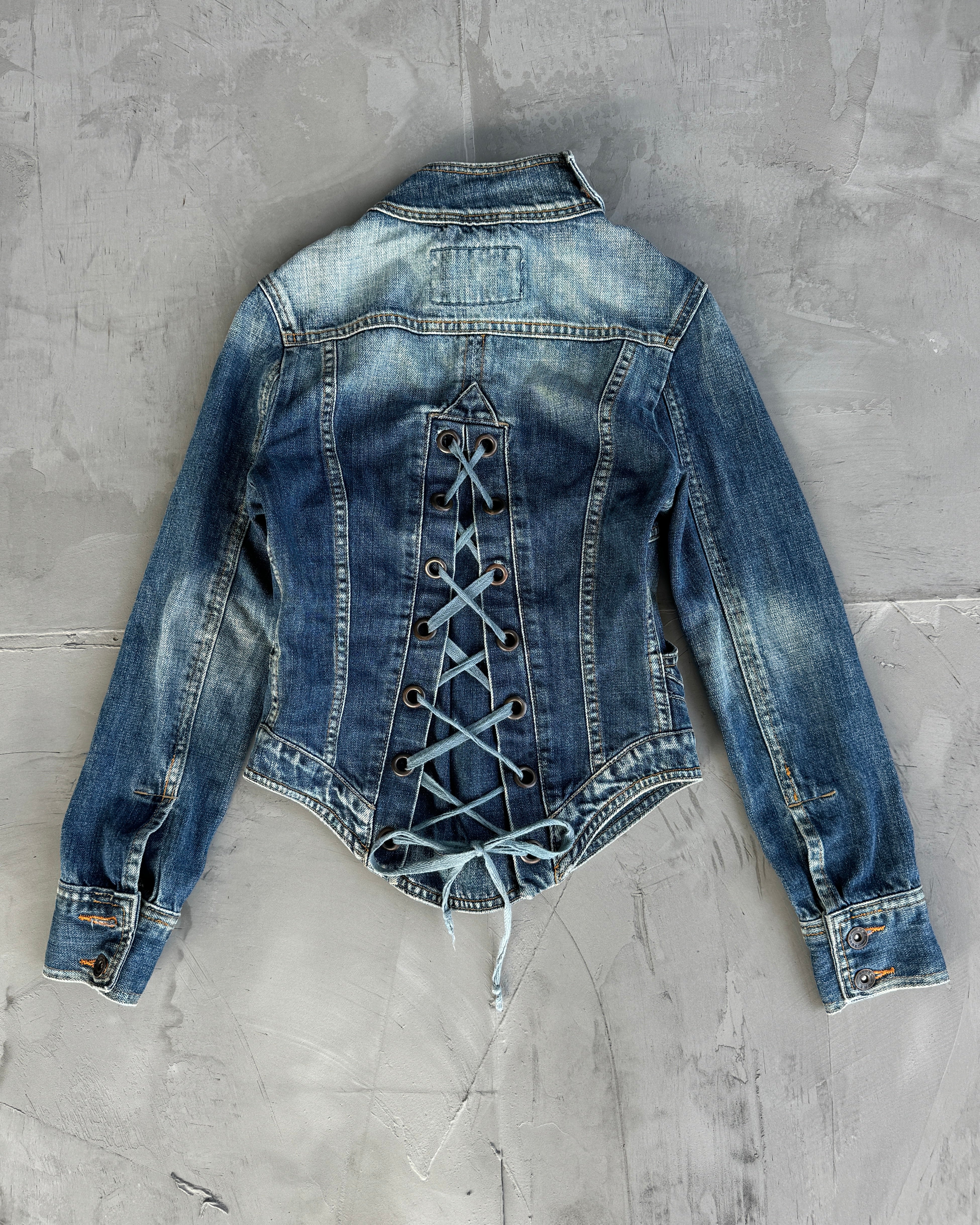 2000'S LACE UP CORSET BACK DENIM JACKET - XS