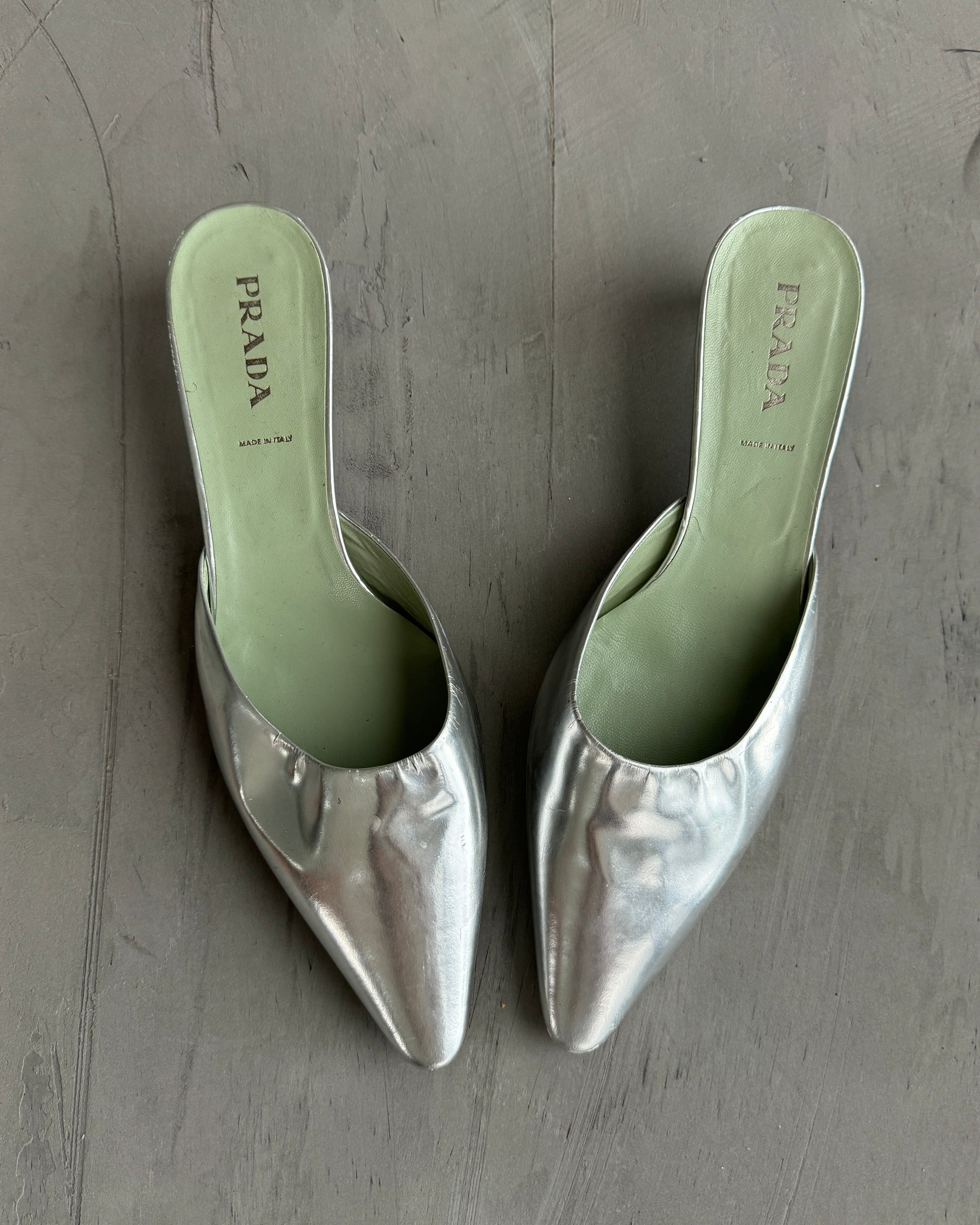 PRADA SILVER MULE KITTEN HEELS - EU40