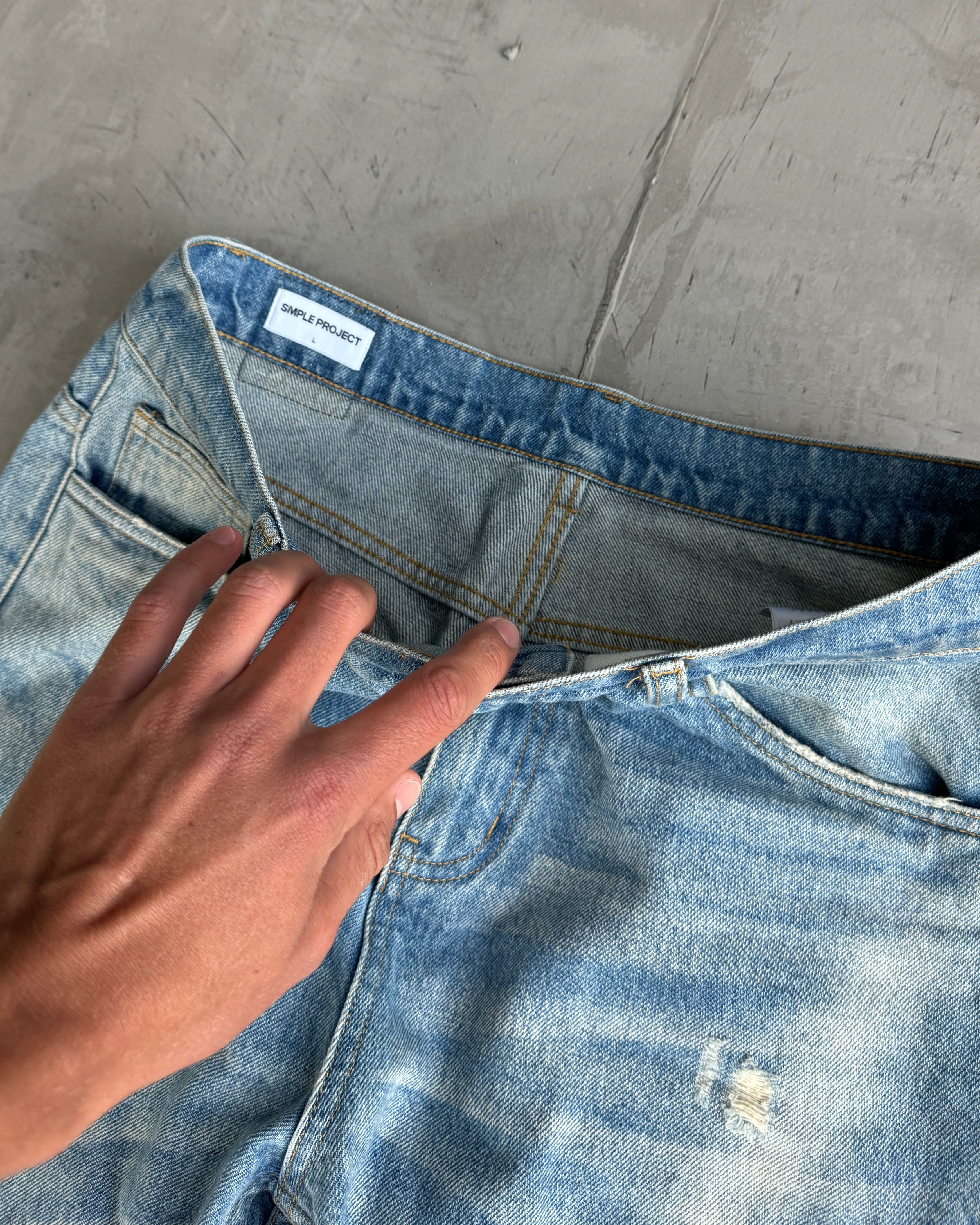 SIMPLE PROJECT WASHED DISTRESSED WIDE LEG BLUE JEANS - W32"