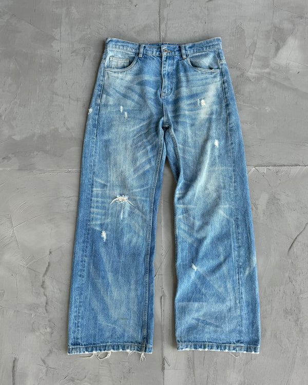 SIMPLE PROJECT WASHED DISTRESSED WIDE LEG BLUE JEANS - W32"