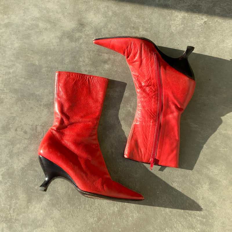 MIU MIU RED LEATHER BOOTIES - EU 36 / UK 3