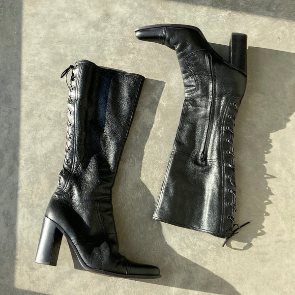 MIU MIU LEATHER LACE BACK BOOTS - UK 5