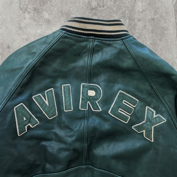 Vintage Avirex Spell-out Green Leather Bomber Jacket / Varsity Jacket
