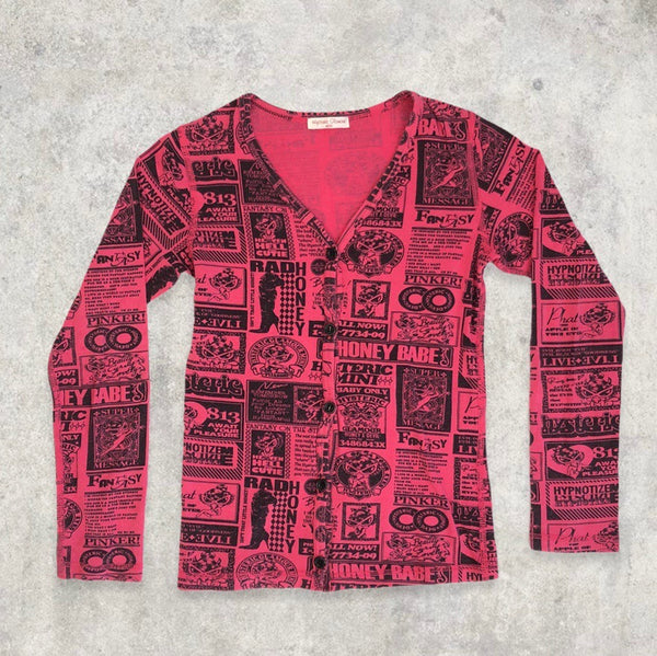 00’s Hysteric Glamour Button Up Newspaper Graphic Print Cardigan Top