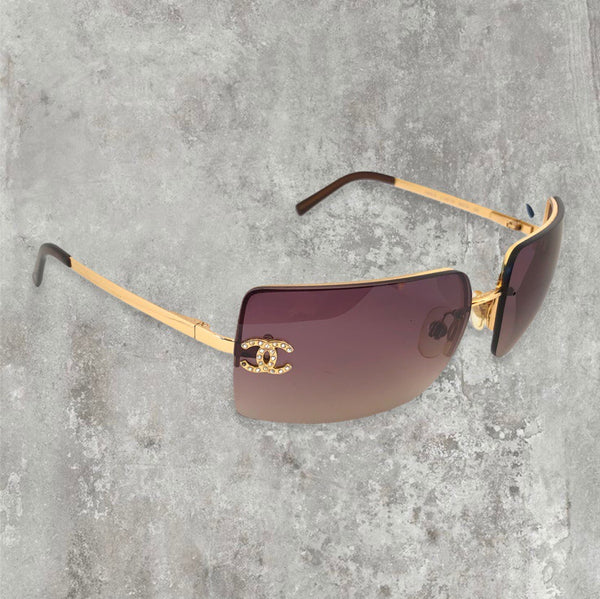 Chanel Rimless Diamanté Sunglasses with Gold Frame