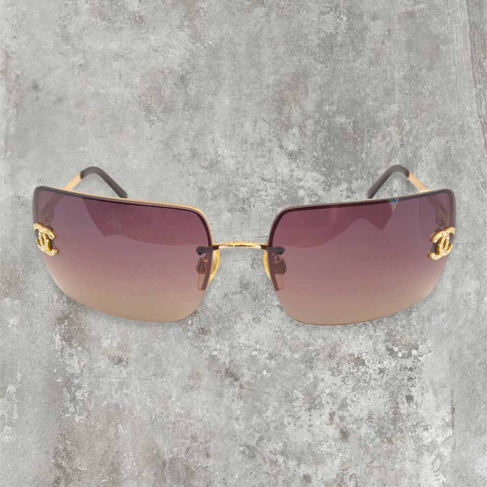Chanel Rimless Diamanté Sunglasses with Gold Frame