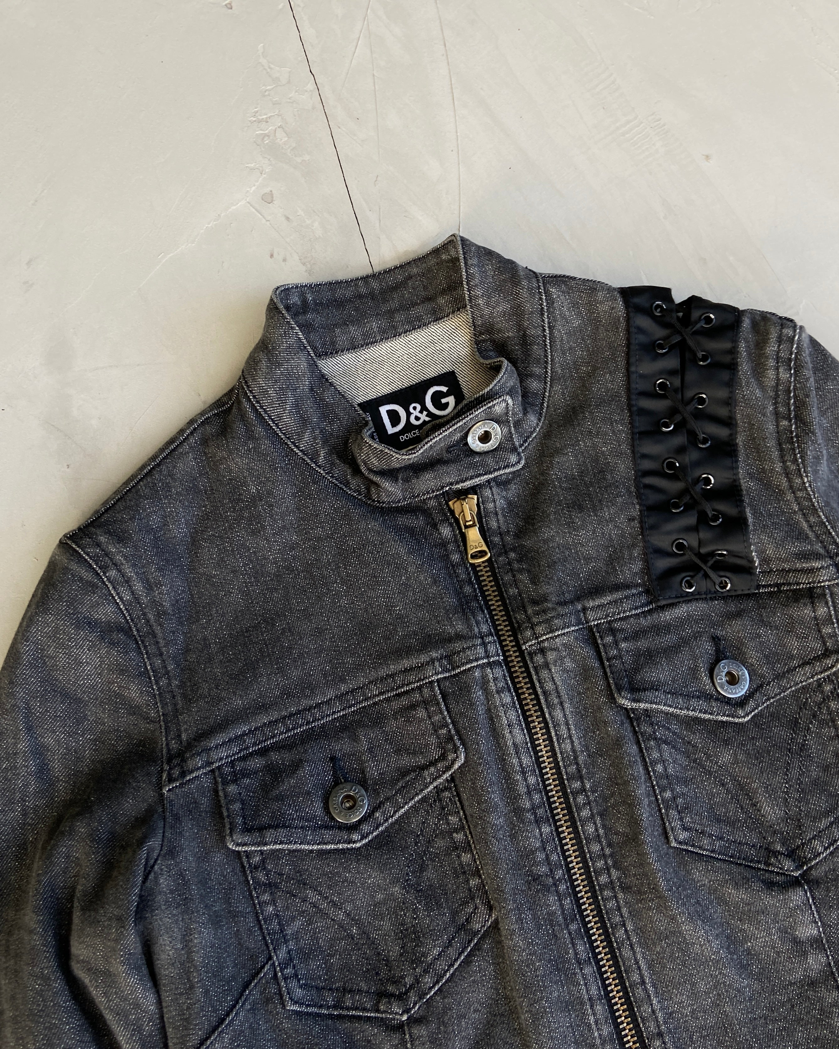 DOLCE AND GABBANA D&G BONDAGE LACE CUT OUT DENIM JACKET - XS