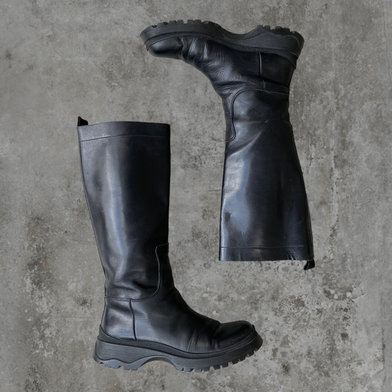 FW03 PRADA COMBAT LUG-SOLE BIKER BOOTS - UK 4