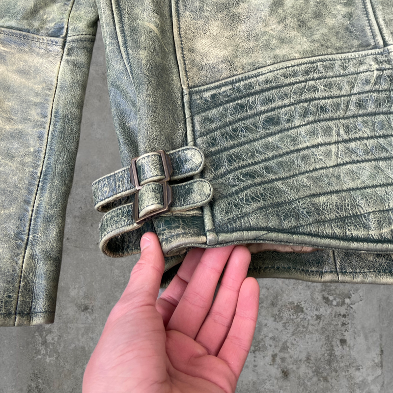 90'S WASHED GREEN LEATHER JACKET - M