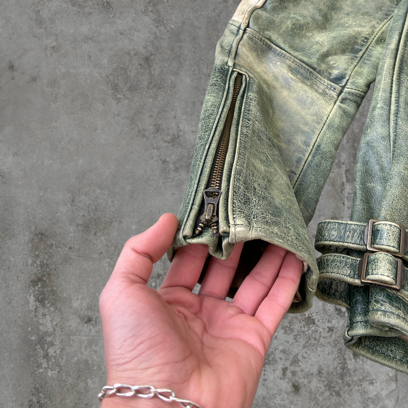 90'S WASHED GREEN LEATHER JACKET - M