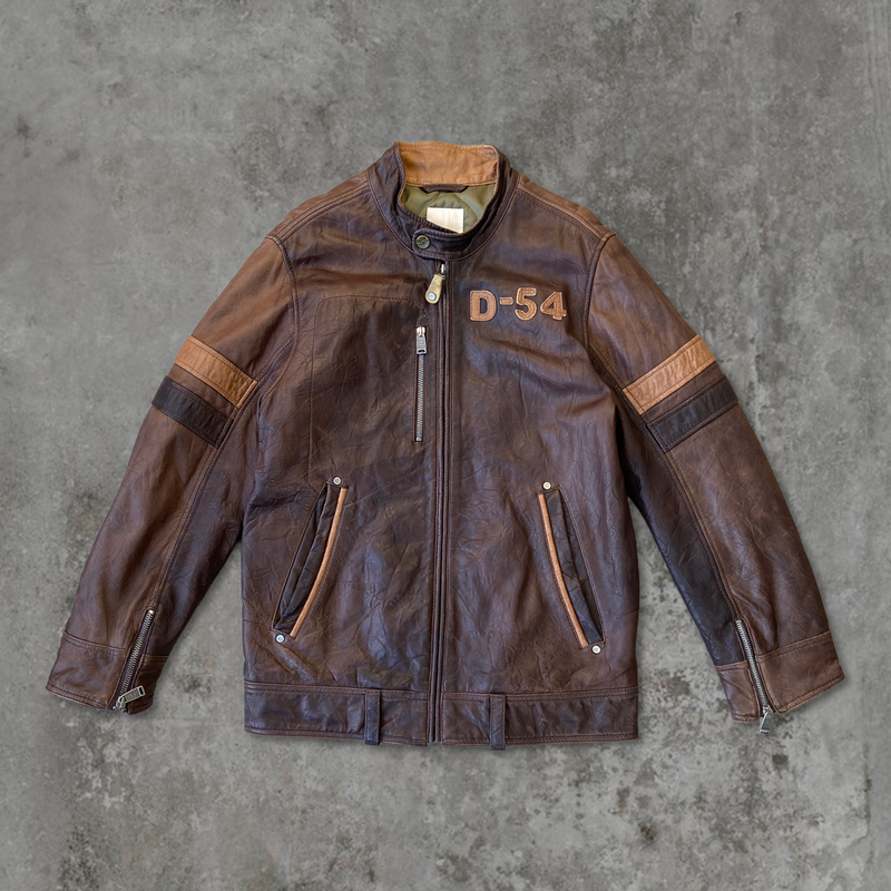 DIESEL SPELL-OUT BROWN LEATHER JACKET - M