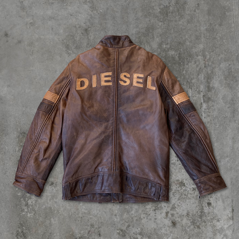 DIESEL SPELL-OUT BROWN LEATHER JACKET - M