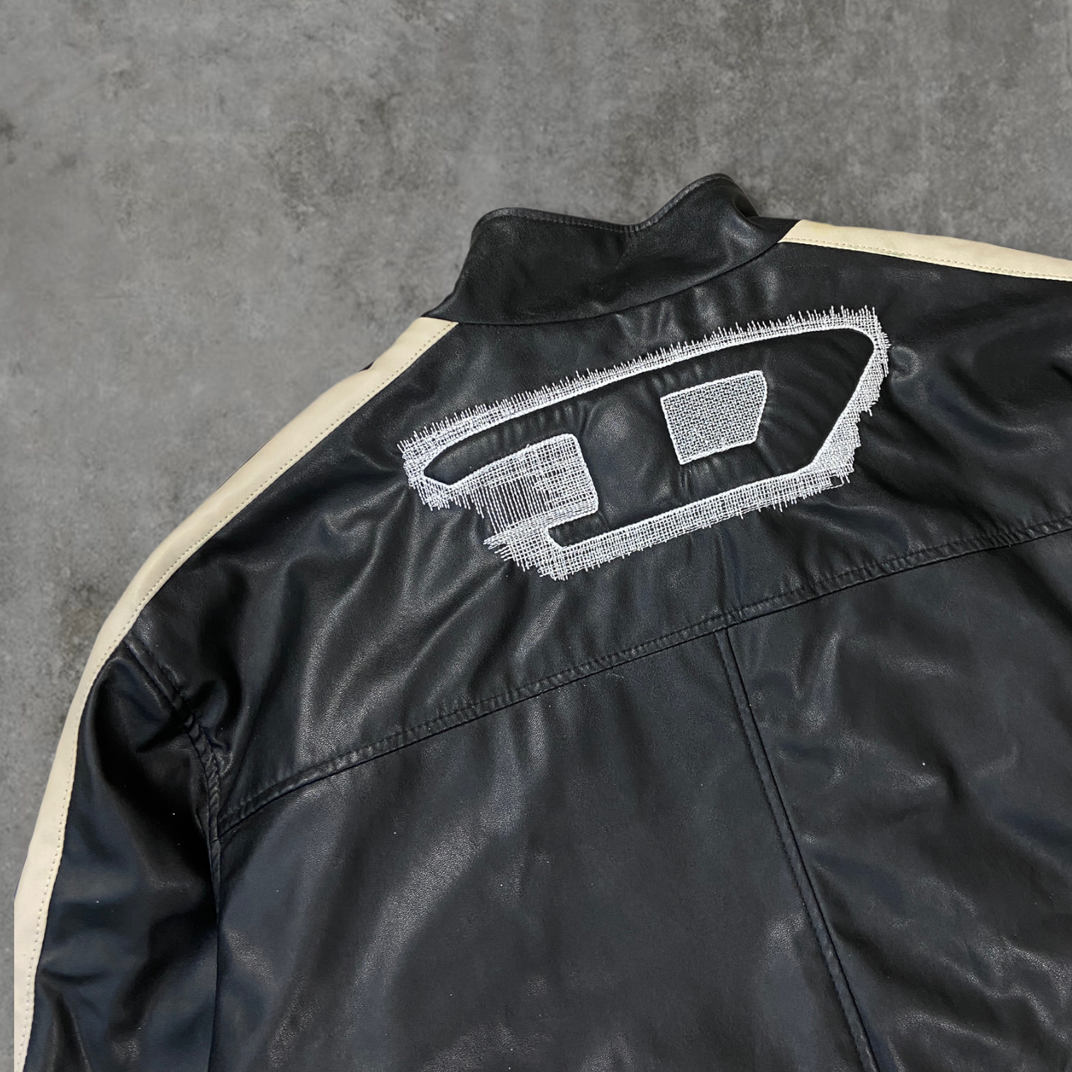 DIESEL 'D' BLACK LEATHER JACKET - L