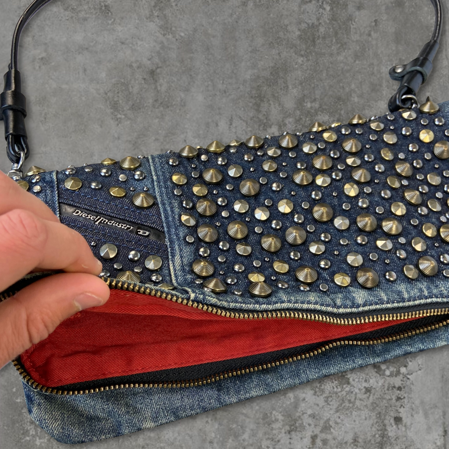DIESEL STUDDED DENIM SHOULDER BAG
