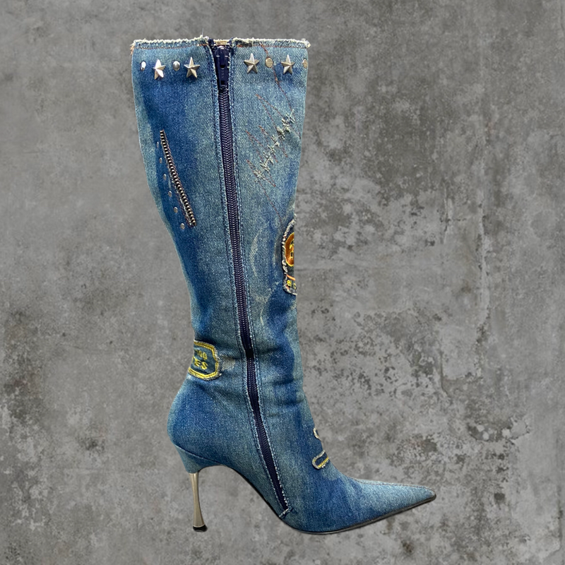 EL DANTES DENIM PATCHWORK HEELED BOOTS - EU 38